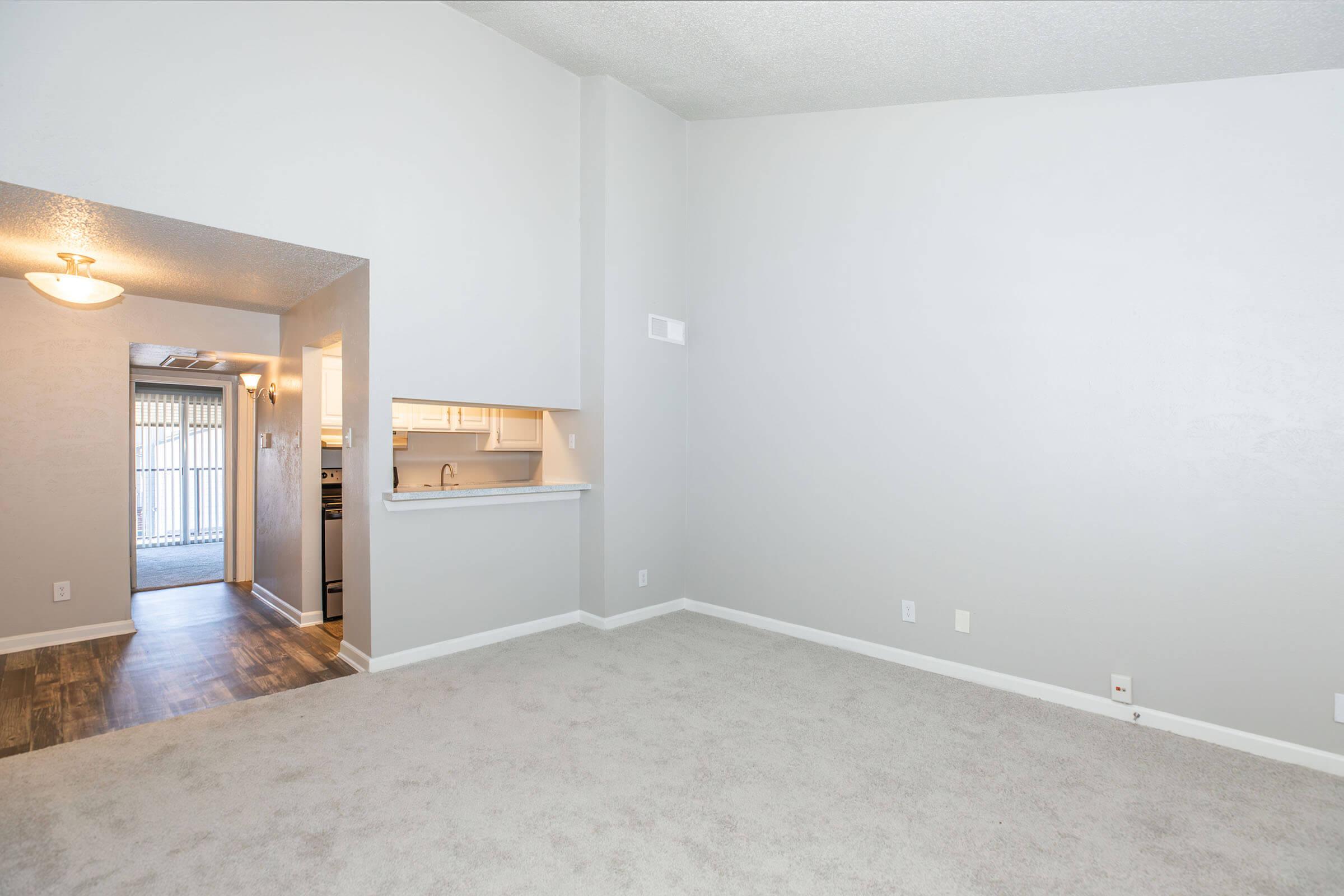 A spacious living area with light gray walls and plush carpet. The room features a high ceiling and an open entrance to a kitchen area. Natural light streams in from a doorway leading outside, creating a bright, inviting atmosphere.