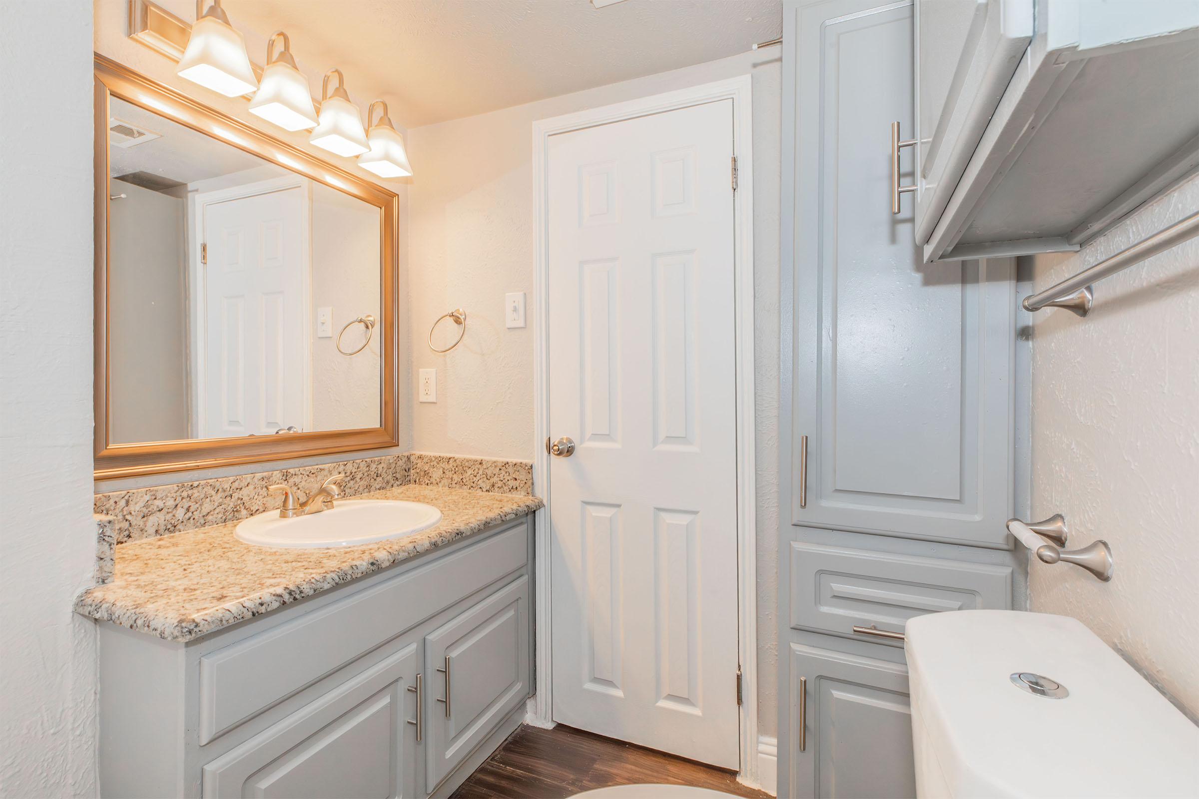 A well-lit bathroom featuring a granite countertop with a sink, a mirror above it, and modern fixtures. The cabinets are painted in a light gray color, and there is a white toilet on the right. A closed door can be seen, along with a small shelving unit against the wall. The floor appears to be a dark wood laminate.
