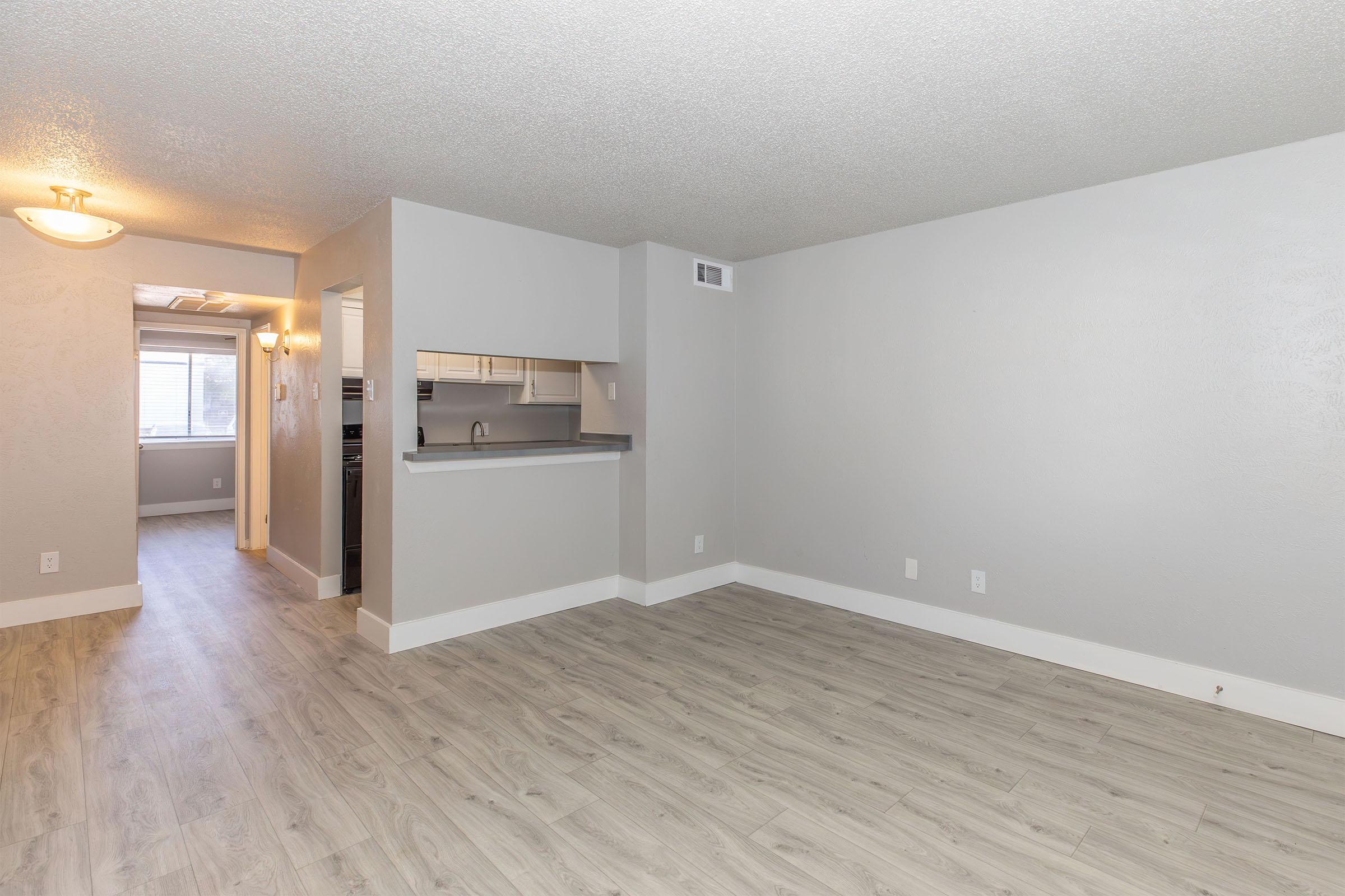 A well-lit living area featuring light gray walls and wooden flooring. The space includes a small kitchen area visible in the background, with an open layout and a window allowing natural light. There are no furnishings present, creating a blank canvas for decoration.