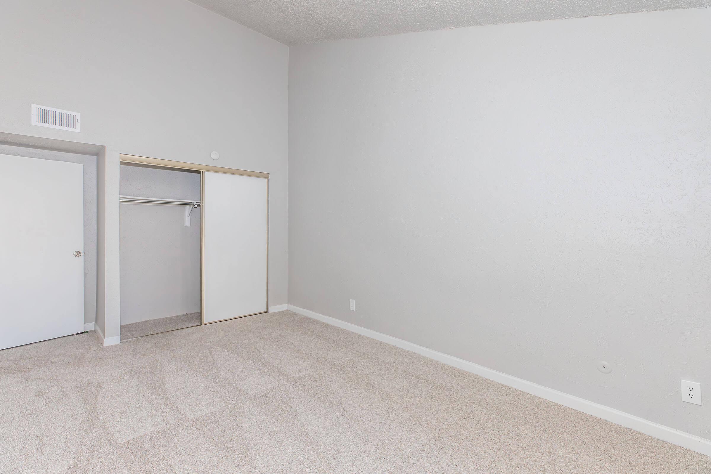 A spacious, empty room with light gray walls and plush carpet. There are high ceilings and a closet with sliding doors, partially open, on one side. The room is well-lit and devoid of furniture, creating a clean, minimalistic space ideal for customization.