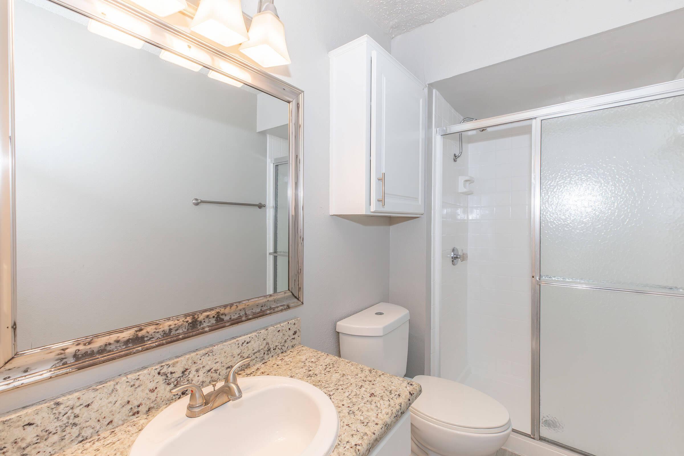A modern bathroom featuring a granite countertop with a sink, a mirror above it, a white toilet, and a glass shower enclosure. The walls are painted light gray, and there's a double-light fixture above the mirror.