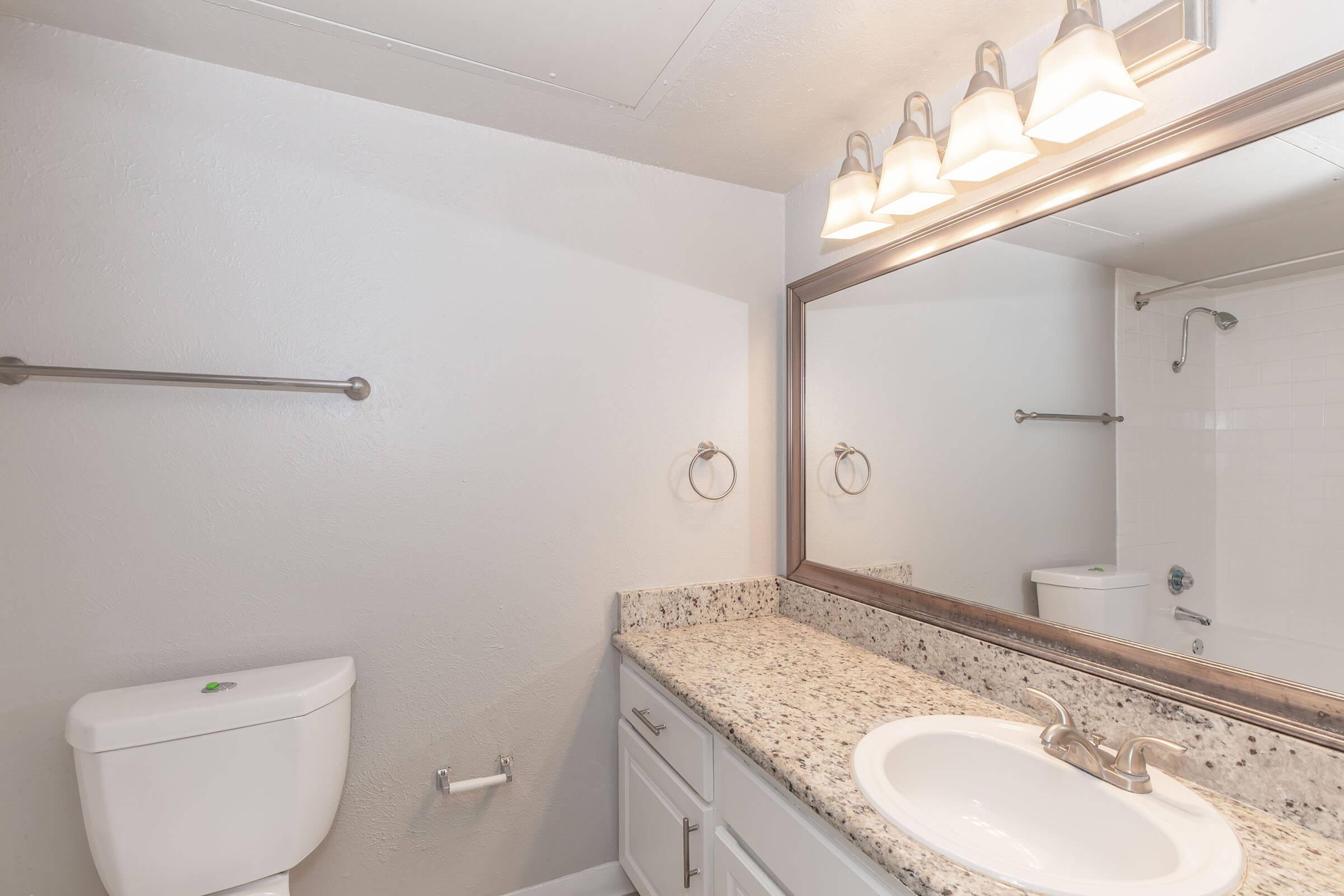A modern bathroom featuring a white toilet, a large mirror with a decorative frame, and a sink with a granite countertop. The wall is painted light gray, and there are four light fixtures above the mirror. A towel bar and hand towel ring are mounted on the walls, along with a shower area visible in the background.