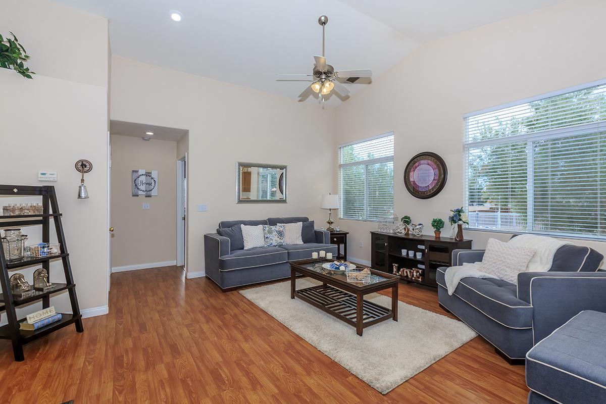 a living room filled with furniture and a wood floor