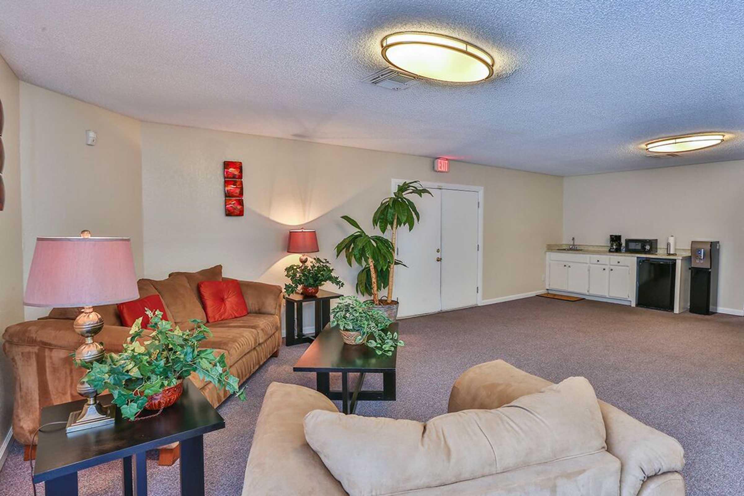 A spacious living area with beige sofas adorned with red pillows, surrounded by green plants. Two lamps provide ambient lighting, and a kitchenette is visible in the background with white cabinets and appliances. The carpeted floor and neutral-colored walls create a cozy atmosphere.