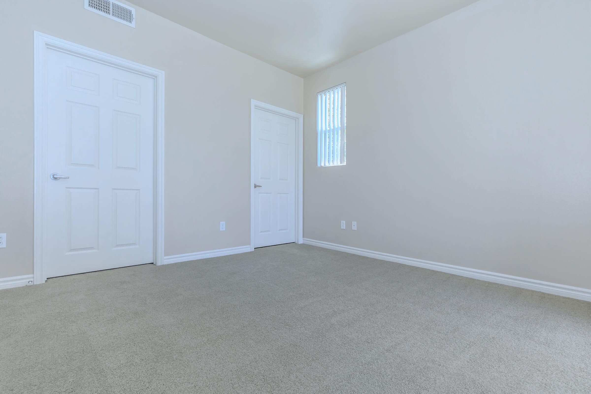 Vacant carpeted bedroom with closed closet door