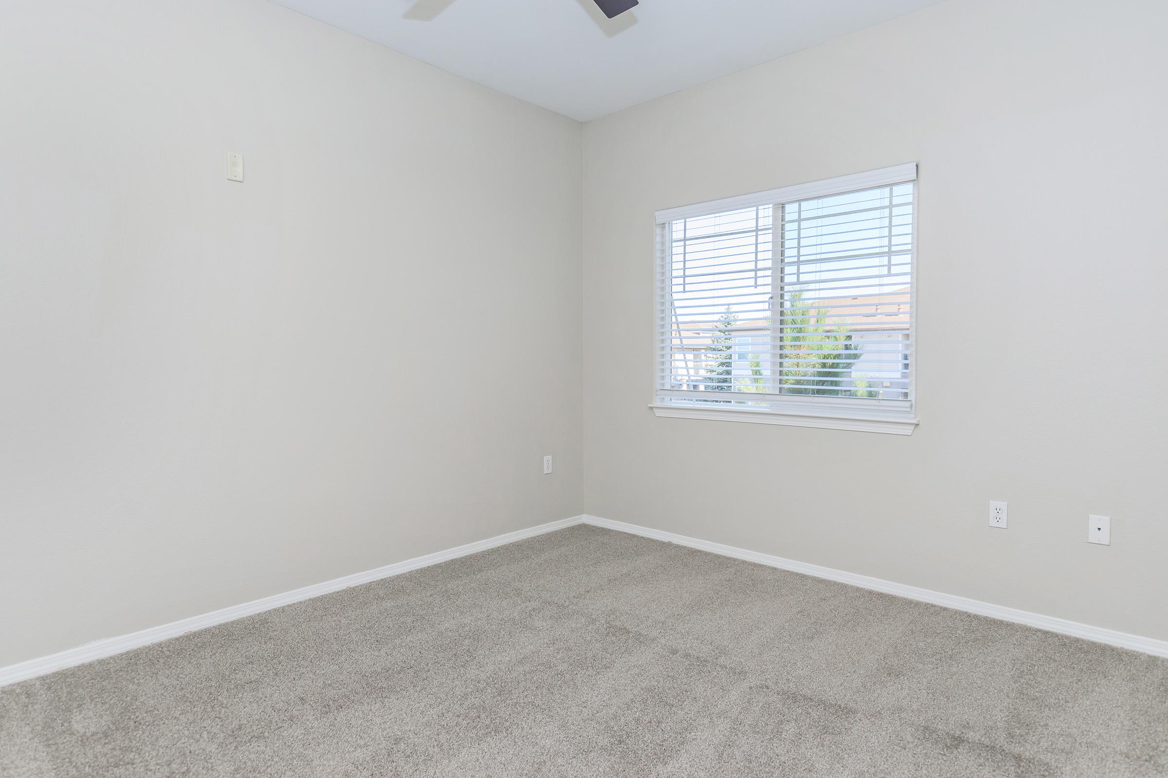 A vacant room with light gray walls and soft beige carpet. There is a window with white blinds letting in natural light, and a ceiling fan is visible. The space is empty, creating an open and airy feel, perfect for personal customization.