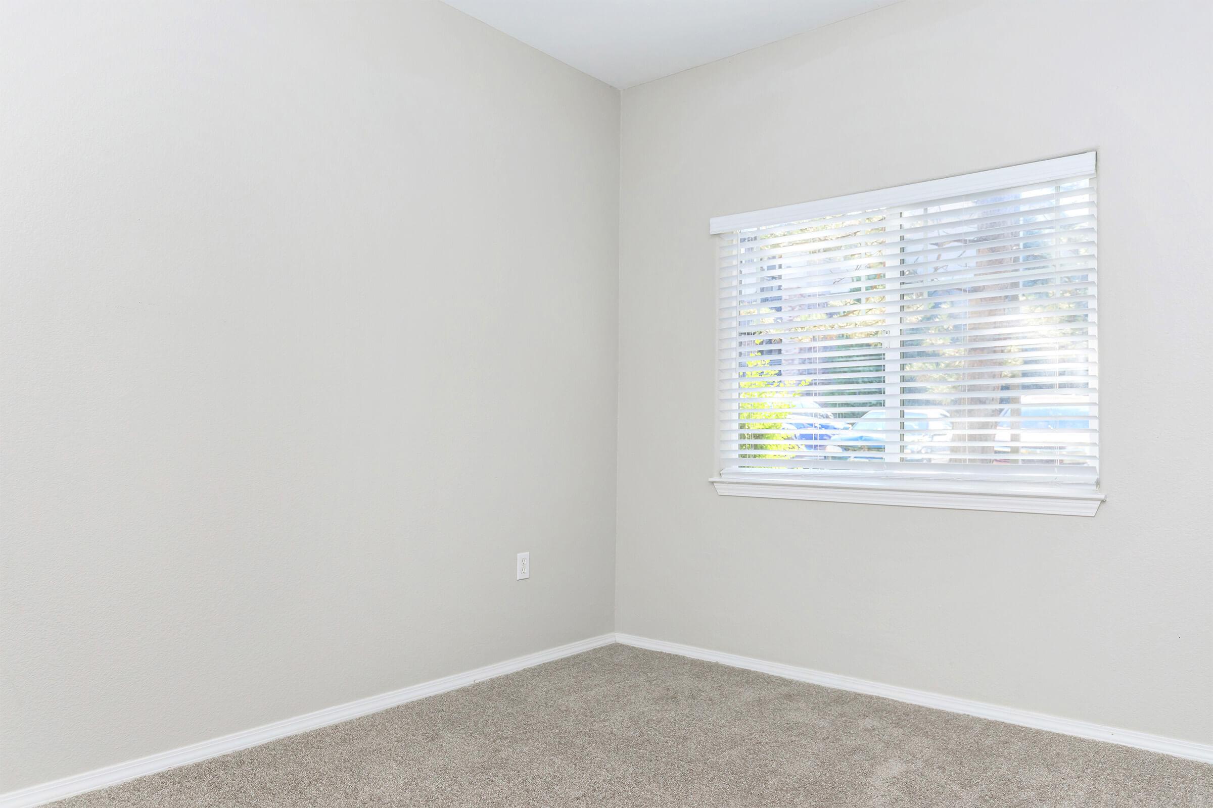 Empty room with light gray walls and a window covered by white blinds, allowing natural light to enter. The floor is carpeted in a neutral tone, and there's a stark appearance due to the absence of furniture or decor, creating a clean and minimalist atmosphere.