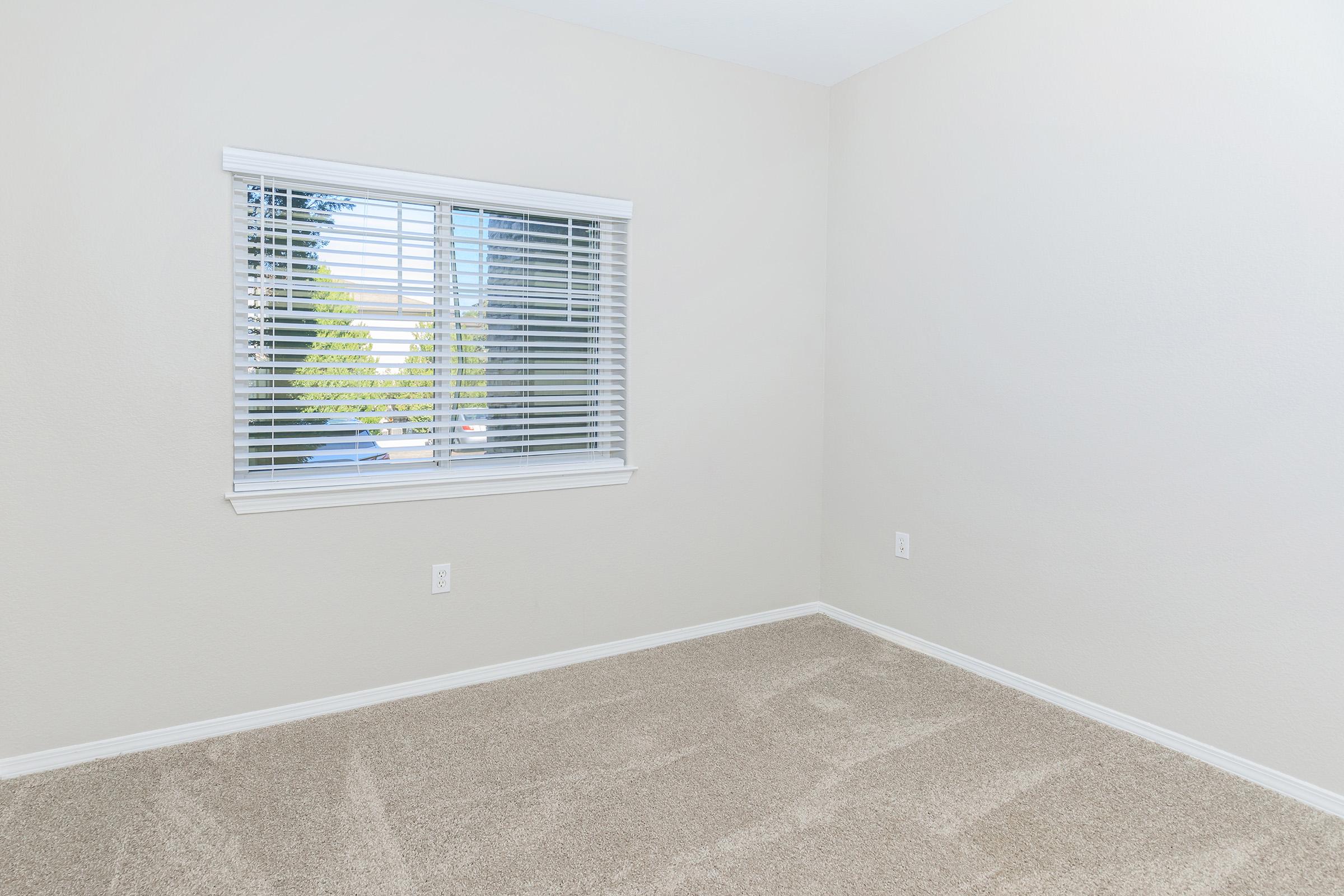 Empty room with light-colored walls and beige carpet. A window with white blinds lets in natural light, casting shadows on the floor. There are no furnishings or decorations, creating a minimalistic and spacious atmosphere. Ideal for various uses or as a blank canvas for decoration.