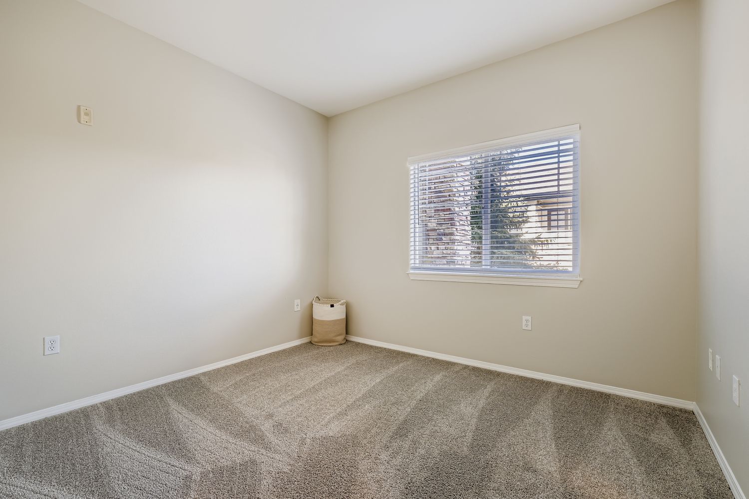 Empty room with light beige walls and a window featuring white blinds. The floor is covered with gray carpet, and there’s a small basket in the corner. Natural light is coming through the window, creating a bright and spacious feel.