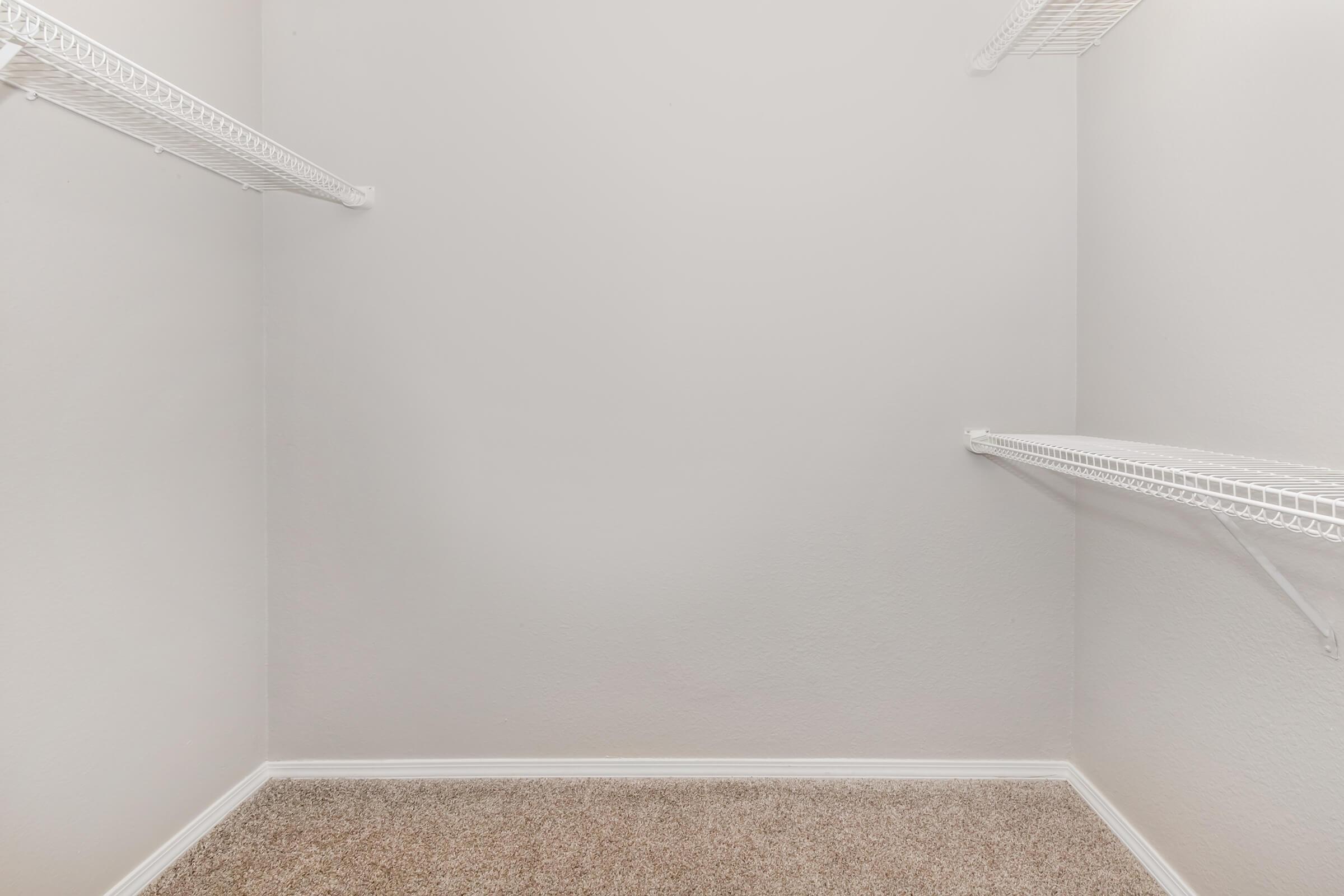 Empty walk-in closet with light gray walls and tan carpet. The closet features metal wire shelving on two opposite walls, offering storage space; the overall atmosphere is clean and minimalistic.