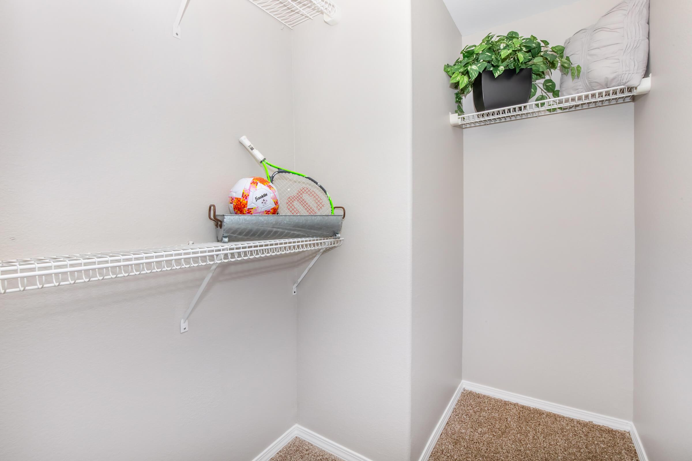 A small closet with two wire shelves. The left shelf holds a gray basket with a tennis racket and a sports ball, while the right shelf features a green plant in a black pot and a gray pillow. The walls are painted in a light color, and the floor is carpeted in a beige shade.