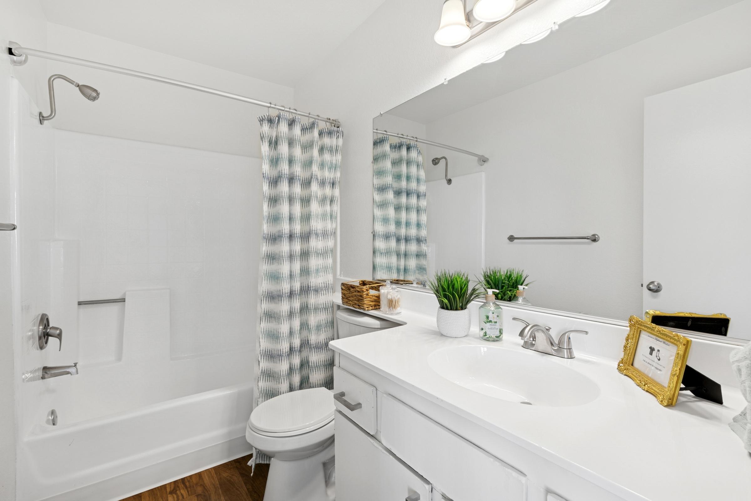 A tidy bathroom featuring a bathtub with a shower curtain in a plaid pattern, a white vanity with a sink, a mirror above the sink, and a towel rack. Decorative elements include a small framed photo and potted plants. The walls are painted white, and the flooring appears to be wooden.