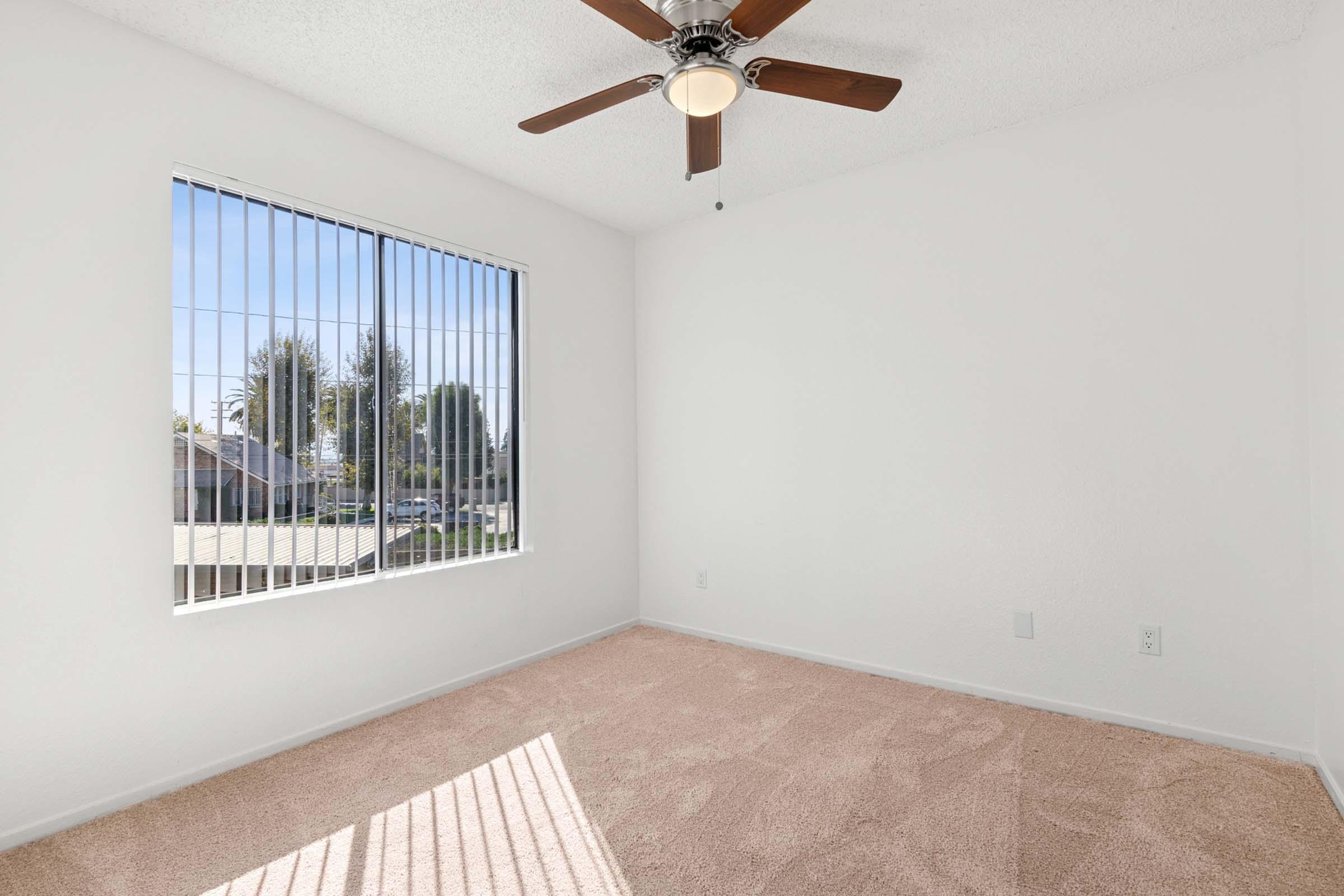 A bright, unfurnished room with light beige carpet and white walls. It features a ceiling fan with wooden blades, a large window with horizontal blinds allowing natural light in, and a view of an outdoor area. The space is minimal and pristine, suitable for various uses.