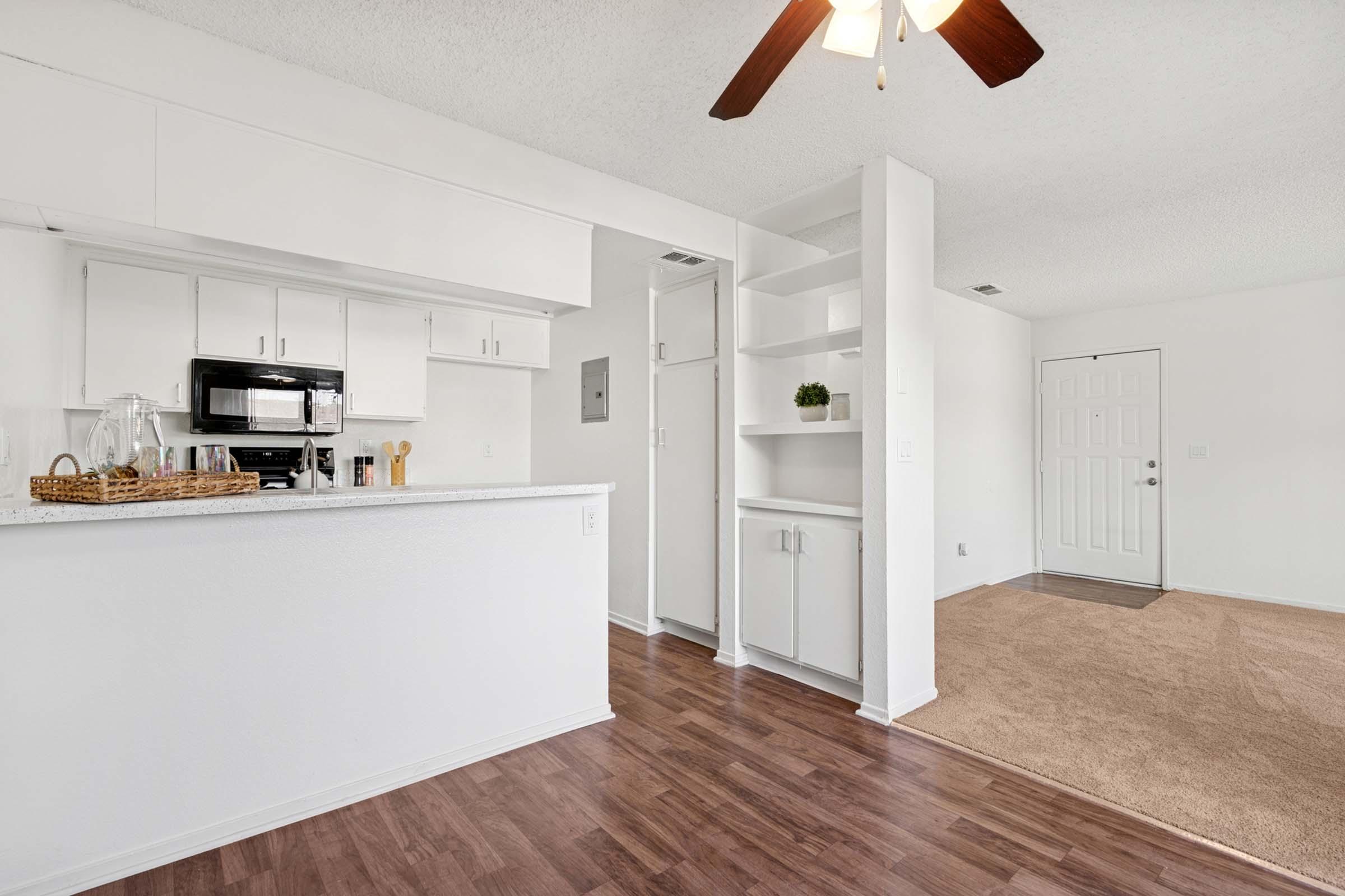 Interior view of an open-concept living space featuring a kitchen with white cabinets and black appliances, a ceiling fan, and a living area with carpeted flooring. The room is well-lit and has a door leading outside. Storage shelves are visible next to the kitchen, enhancing organization.
