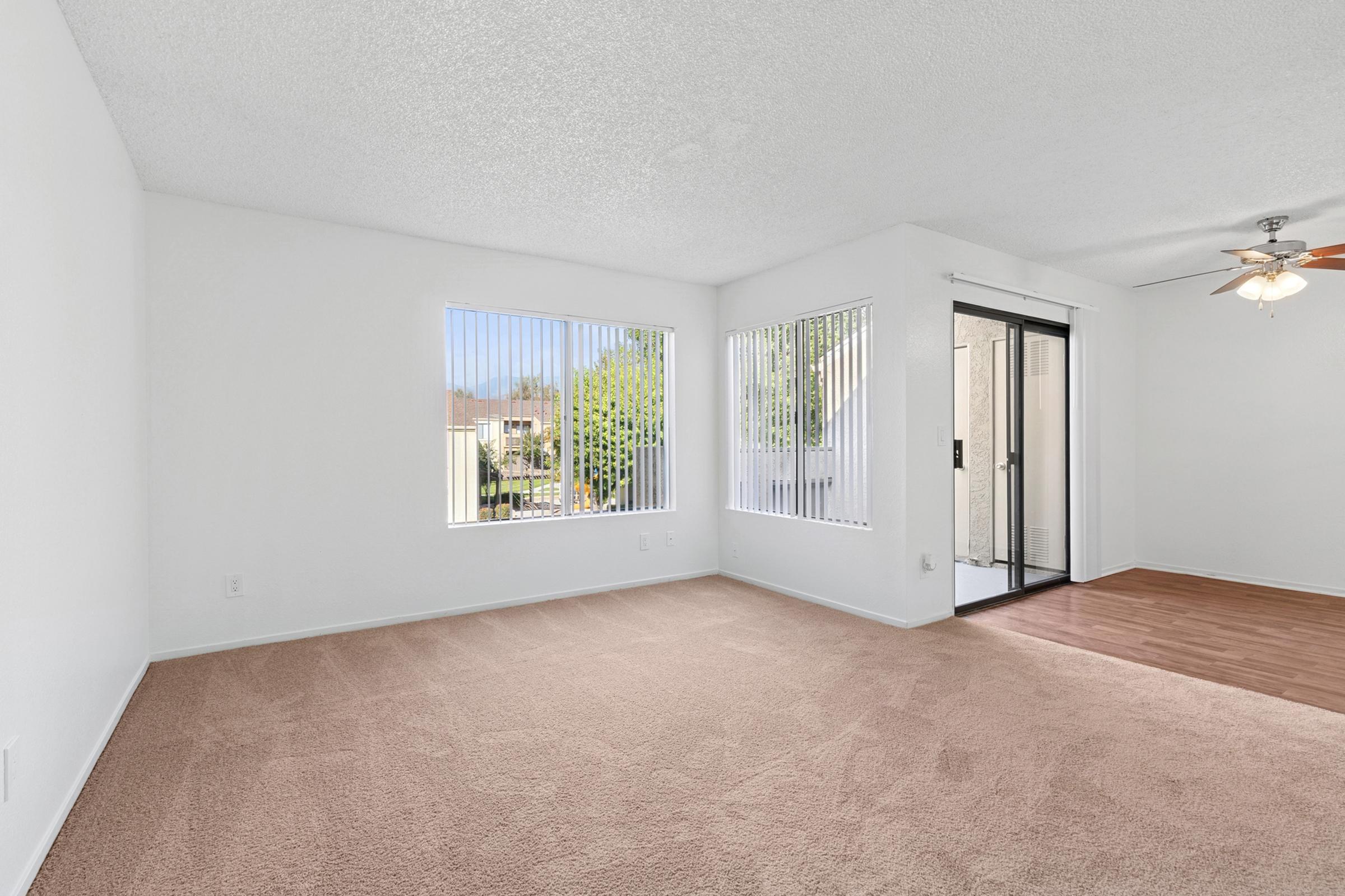 Spacious, empty living room featuring light-colored walls, large windows with vertical blinds, and a ceiling fan. The floor is covered in soft carpet, and a sliding glass door leads to an outdoor area. Natural light fills the room, creating a bright and inviting atmosphere.