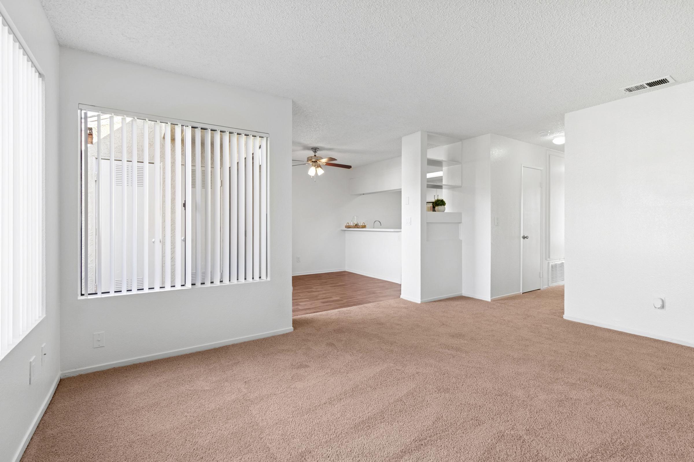 Spacious living area with light-colored walls and plush beige carpet. Features include a ceiling fan, large windows with vertical blinds, and an open layout connecting to a kitchen area in the background. The overall atmosphere is bright and inviting, suitable for a comfortable home setting.
