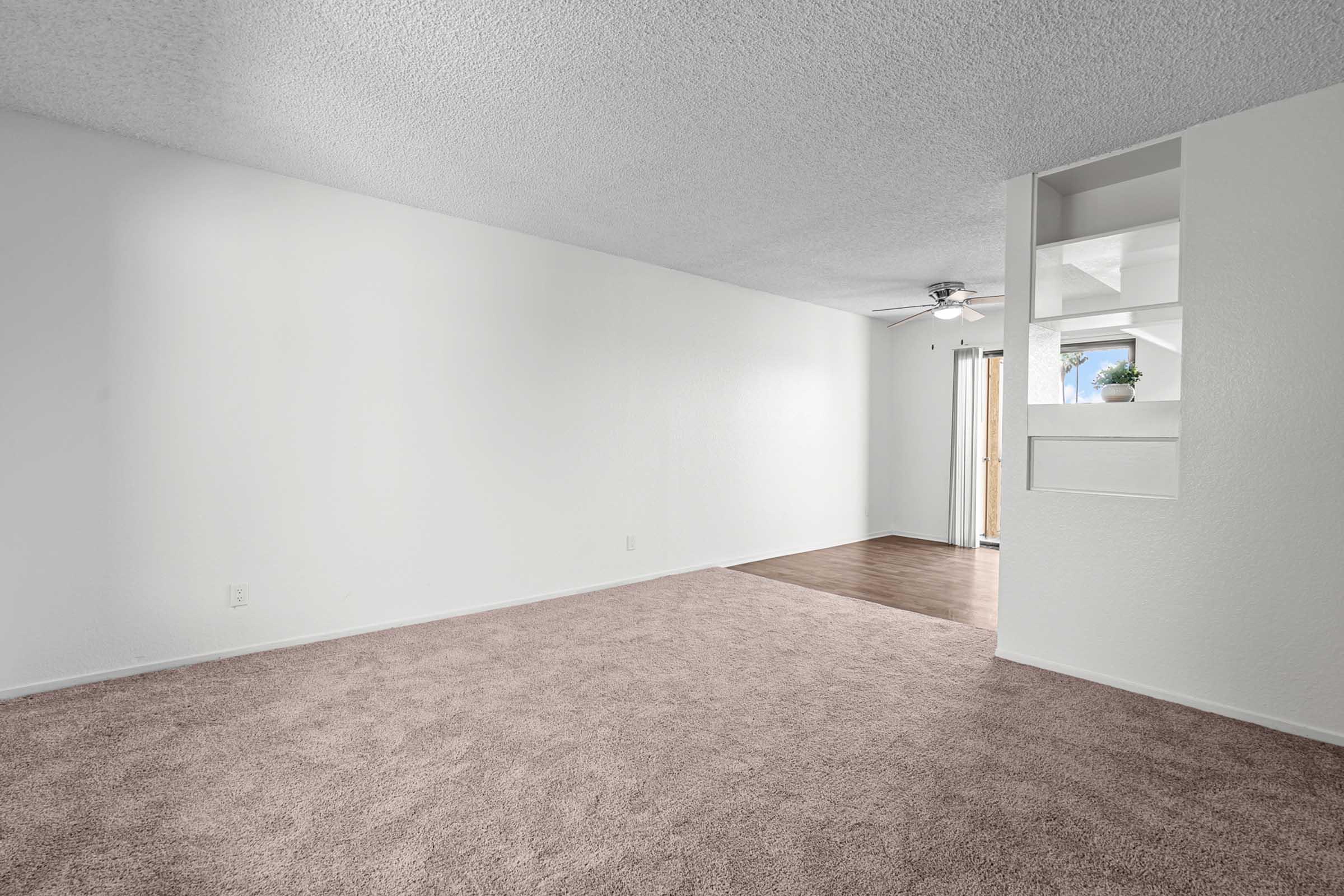 A spacious, empty living room with light-colored walls and plush beige carpeting. A ceiling fan is visible, and there is a small shelf built into the wall. One corner features a doorway leading to another area, with natural light coming through a door or window. The overall atmosphere is clean and bright.