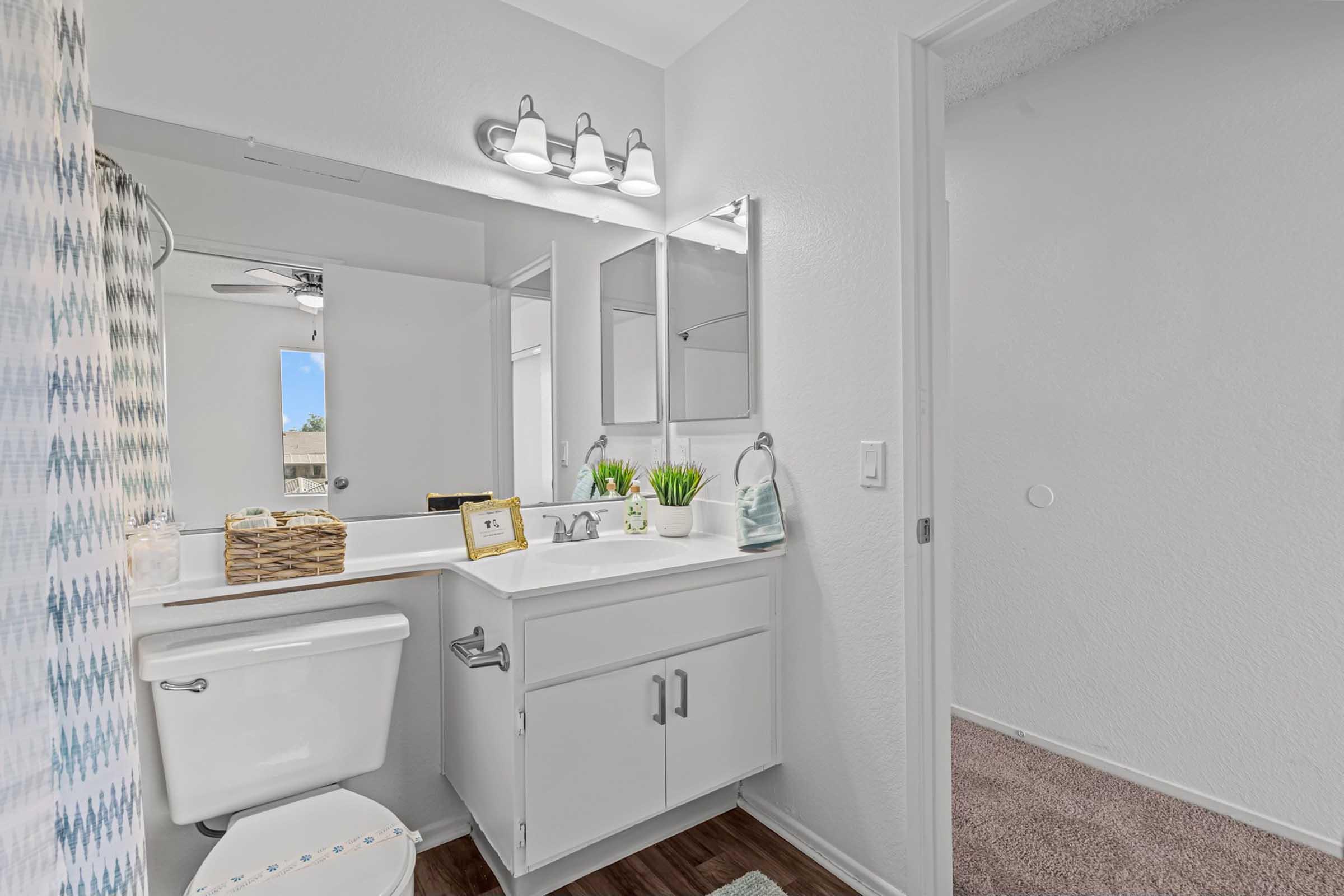 A modern bathroom featuring a white vanity with sink, a large mirror, and overhead lights. The space is decorated with plants and toiletries, with a shower curtain visible on the left. The flooring is dark wood, contrasting with the light-colored walls and carpeting. A door leads to another room.