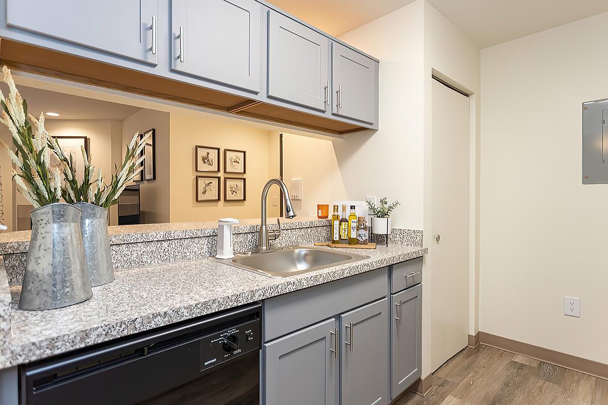 a kitchen with a sink and a mirror