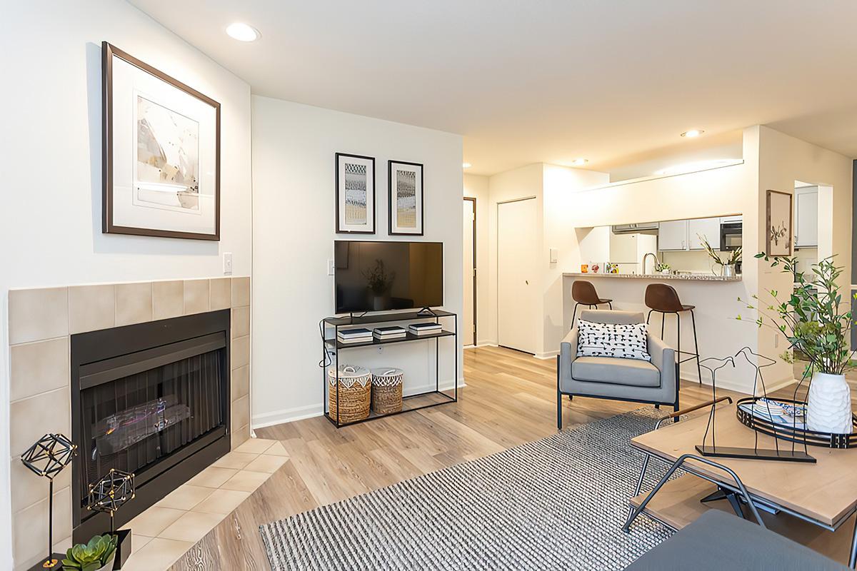 a living room filled with furniture and a fireplace