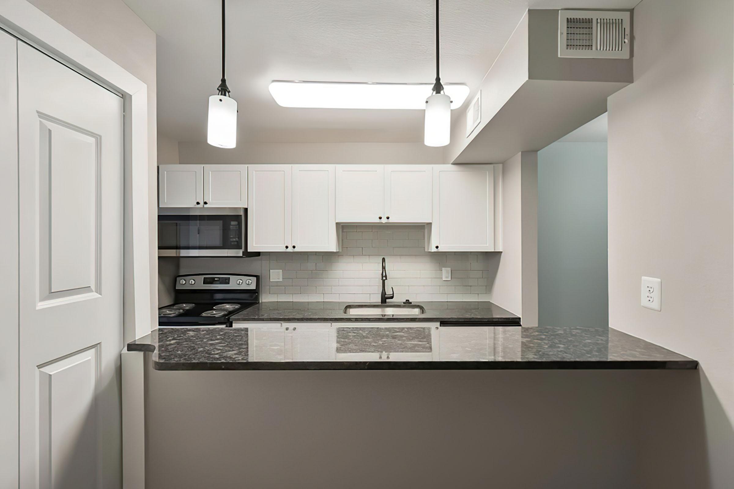 a kitchen with a sink and a microwave