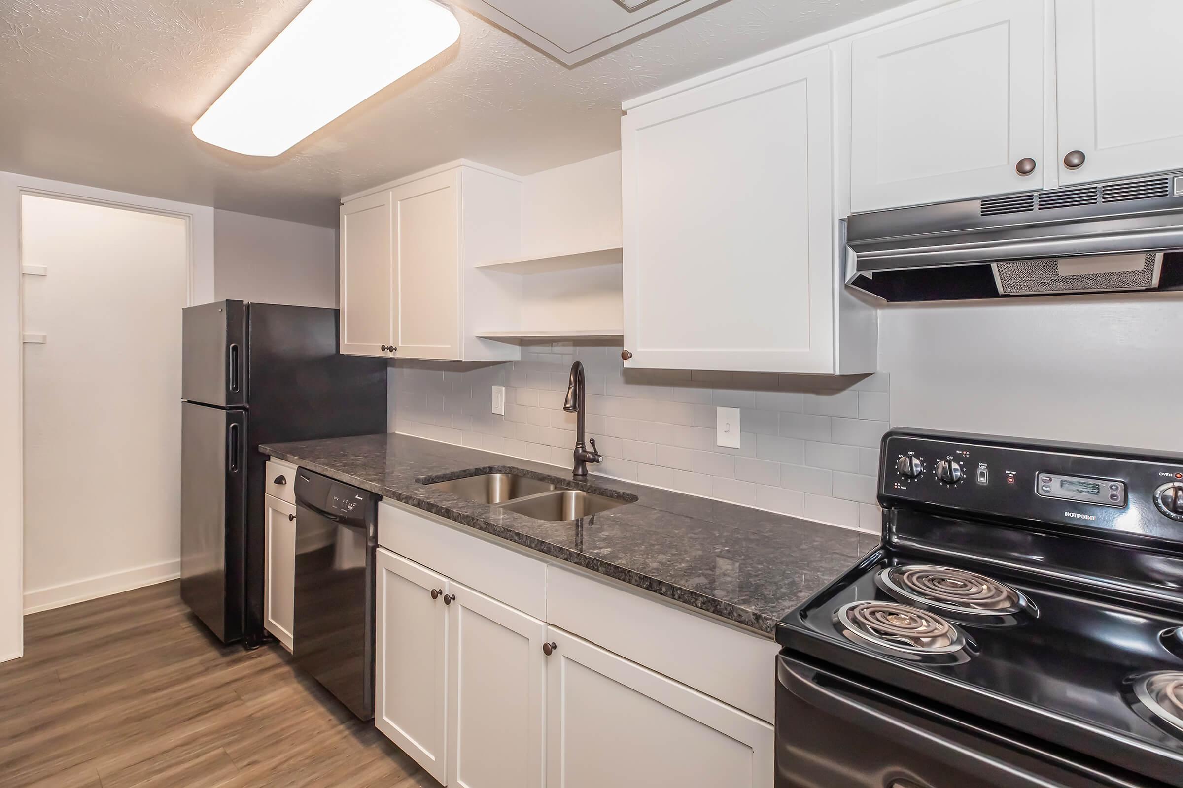 A modern kitchen featuring white cabinetry, a black refrigerator, and a stainless steel dishwasher. The countertop is dark granite with a double sink. An electric stove with oven is visible, and the walls have light gray paint. The flooring is wood-like laminate, creating a clean and contemporary look.