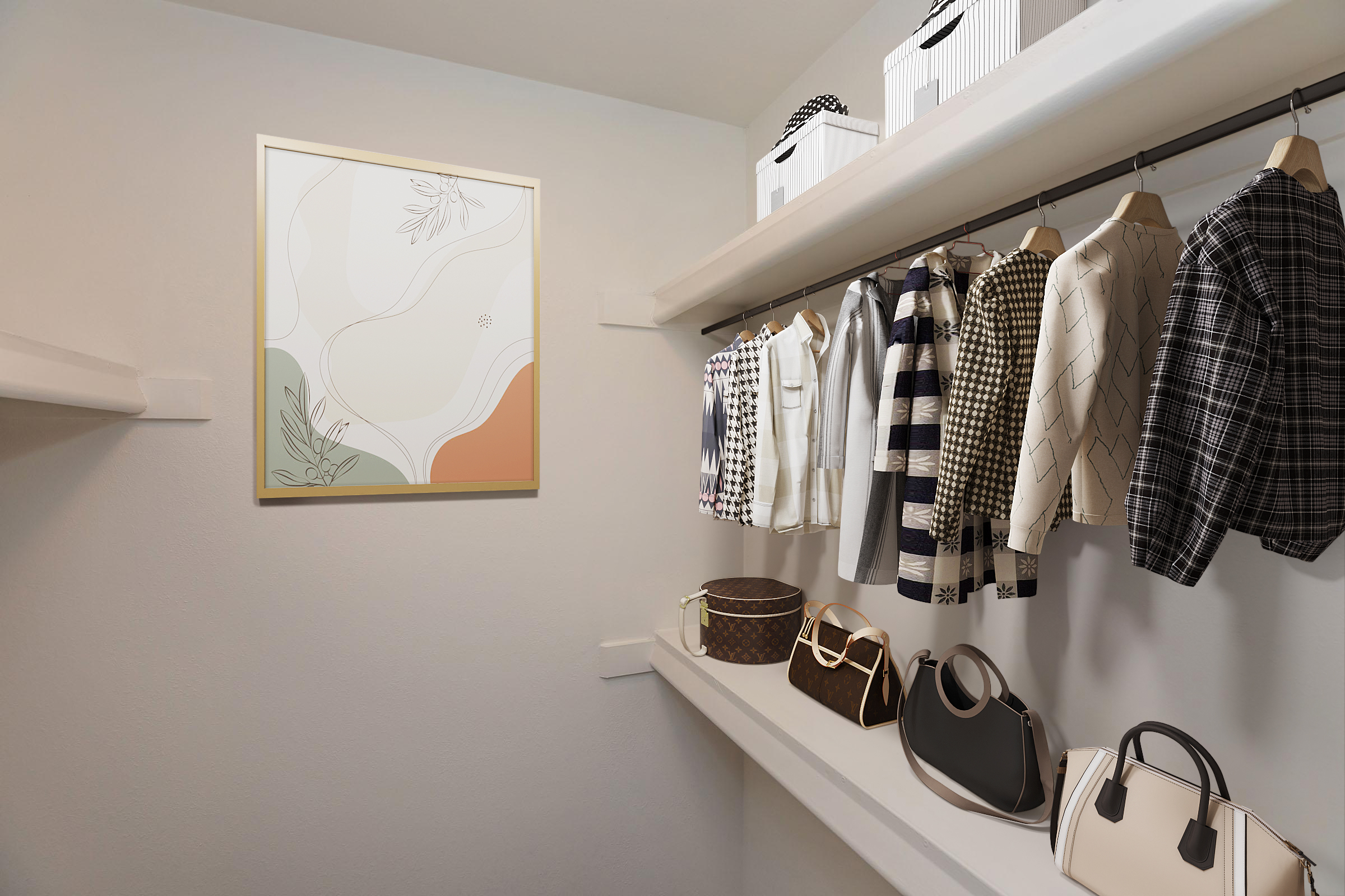 A well-organized closet featuring a variety of stylish clothing on hangers, including jackets and blouses, alongside elegant handbags displayed on a shelf. A decorative framed artwork hangs on the wall, adding a touch of color and design to the space.