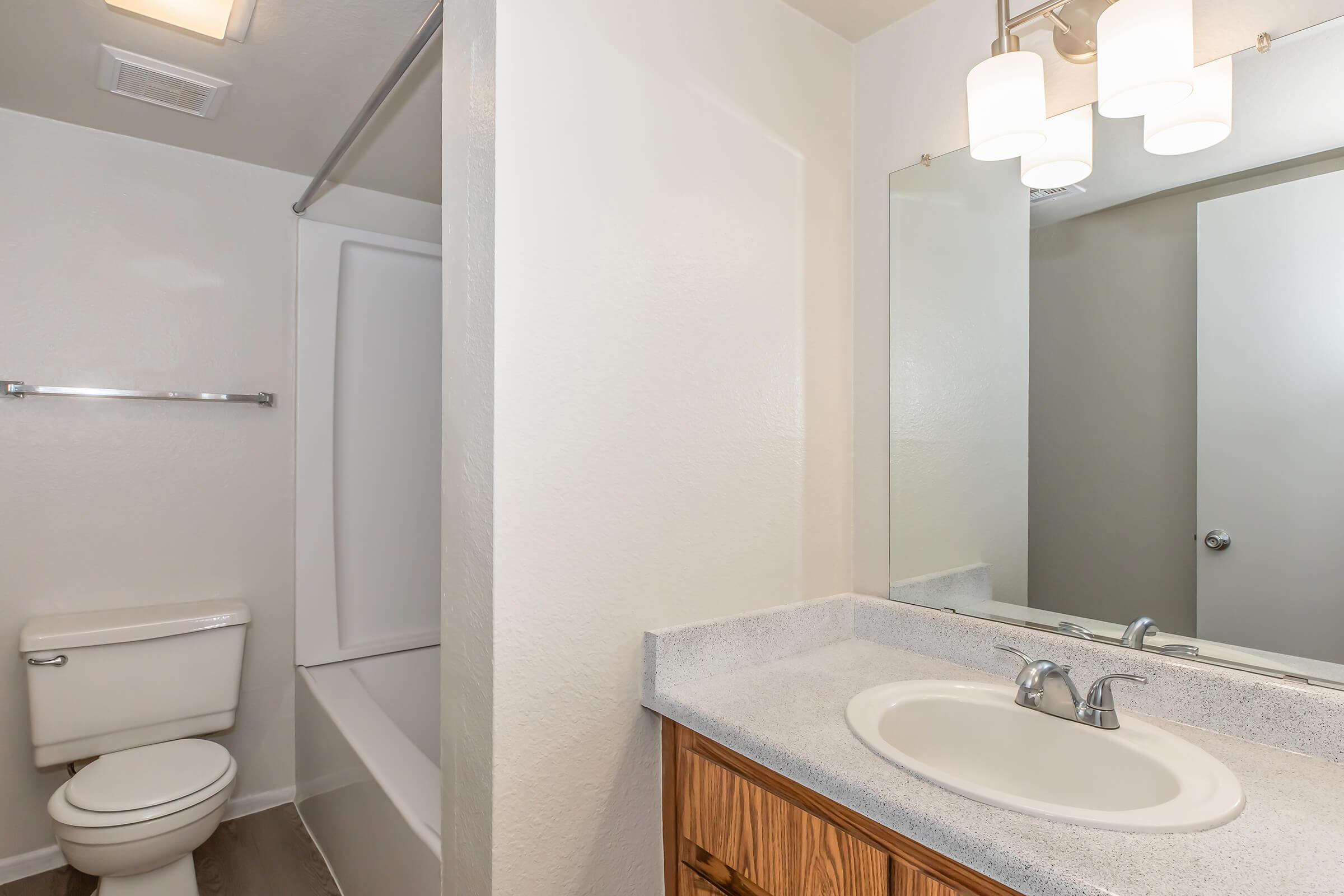 A clean and modern bathroom featuring a toilet, bathtub with shower combination, a countertop sink with a mirror above, and overhead lighting. The walls are painted in light neutral tones, and there is a towel bar and a door leading to another room.