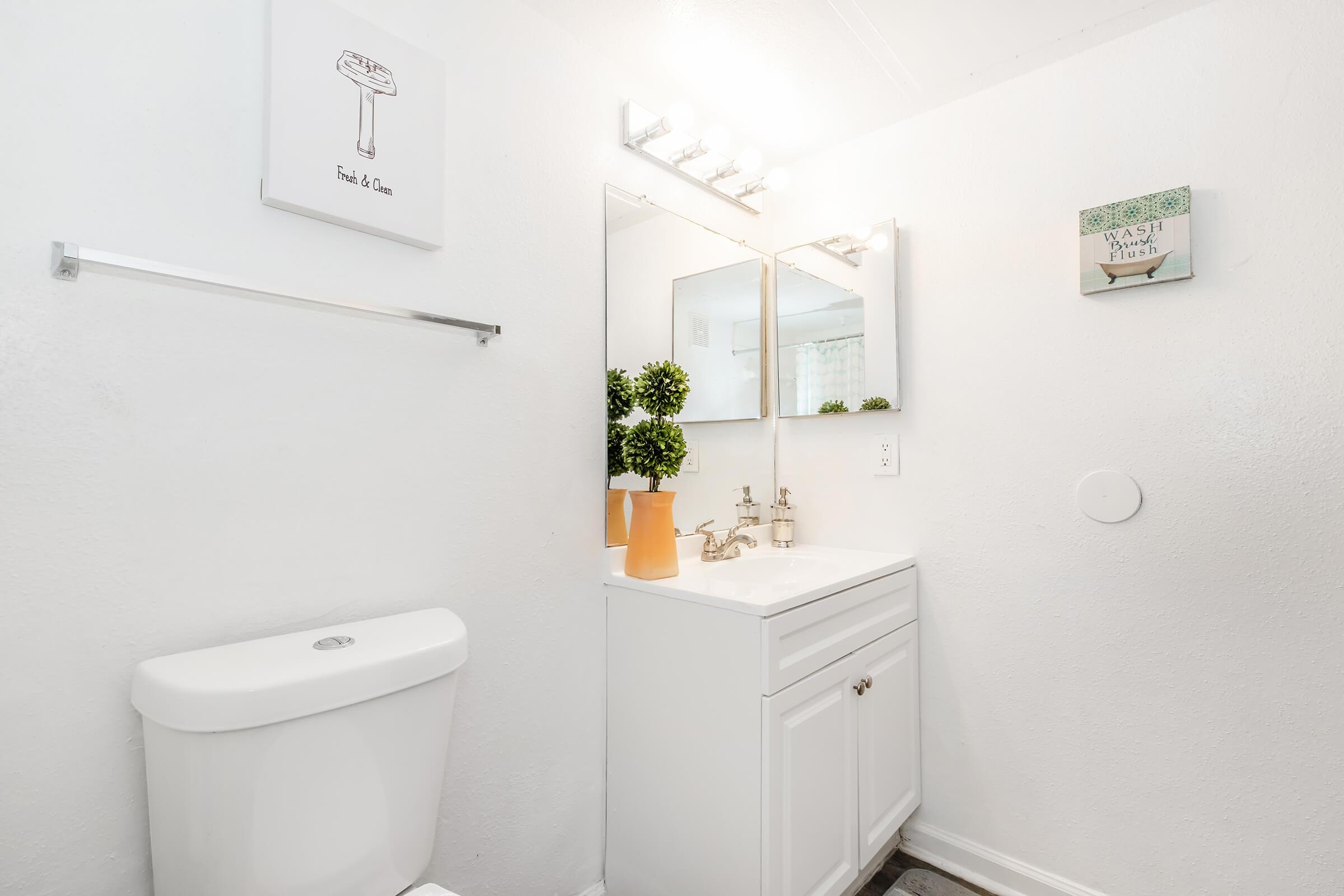 A clean, modern bathroom featuring a white vanity with a sink, a mirror above, and a decorative potted plant. There is a toilet to the left and wall art displayed, including a framed illustration and a small sign. The walls are painted white, and the lighting is bright and inviting.