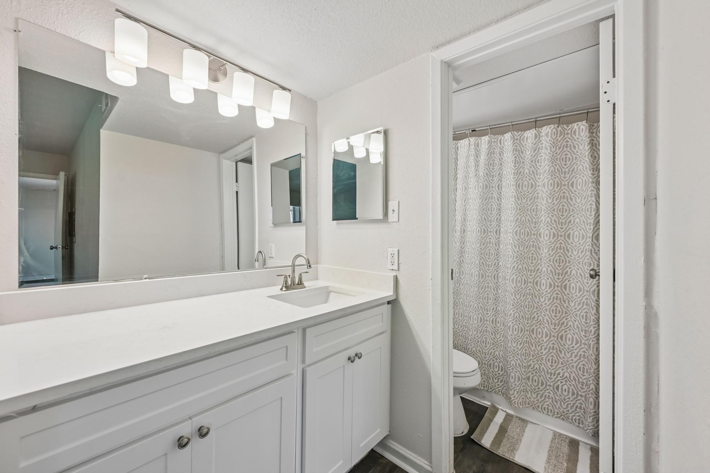 A modern bathroom featuring a white vanity with a sink, a large mirror above it, and a light fixture with multiple bulbs. On one side, there is a doorway leading to a shower area with a patterned curtain, and a toilet is partially visible in the background. The walls are painted in a light color, enhancing the bright feel.