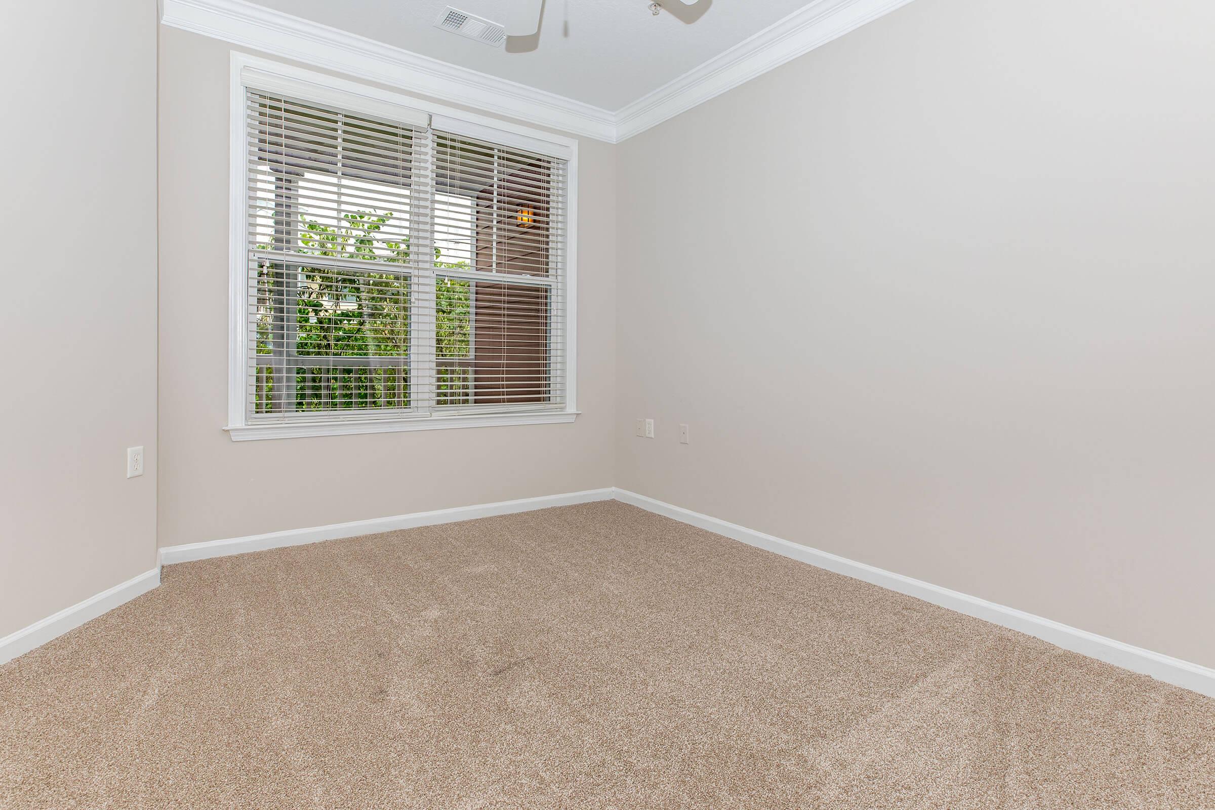 A clean, empty room with light beige carpet and pale beige walls. There's a window with white blinds letting in natural light, and a ceiling fan above. The space is uncluttered, creating a bright and airy atmosphere, perfect for various uses.