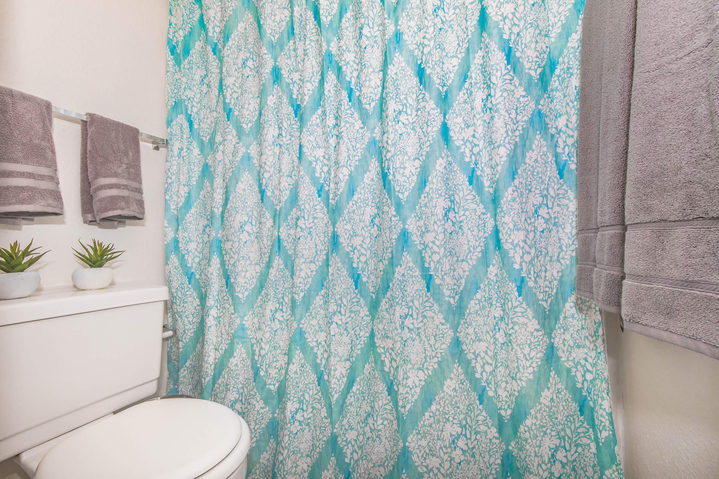 a blue and white shower curtain