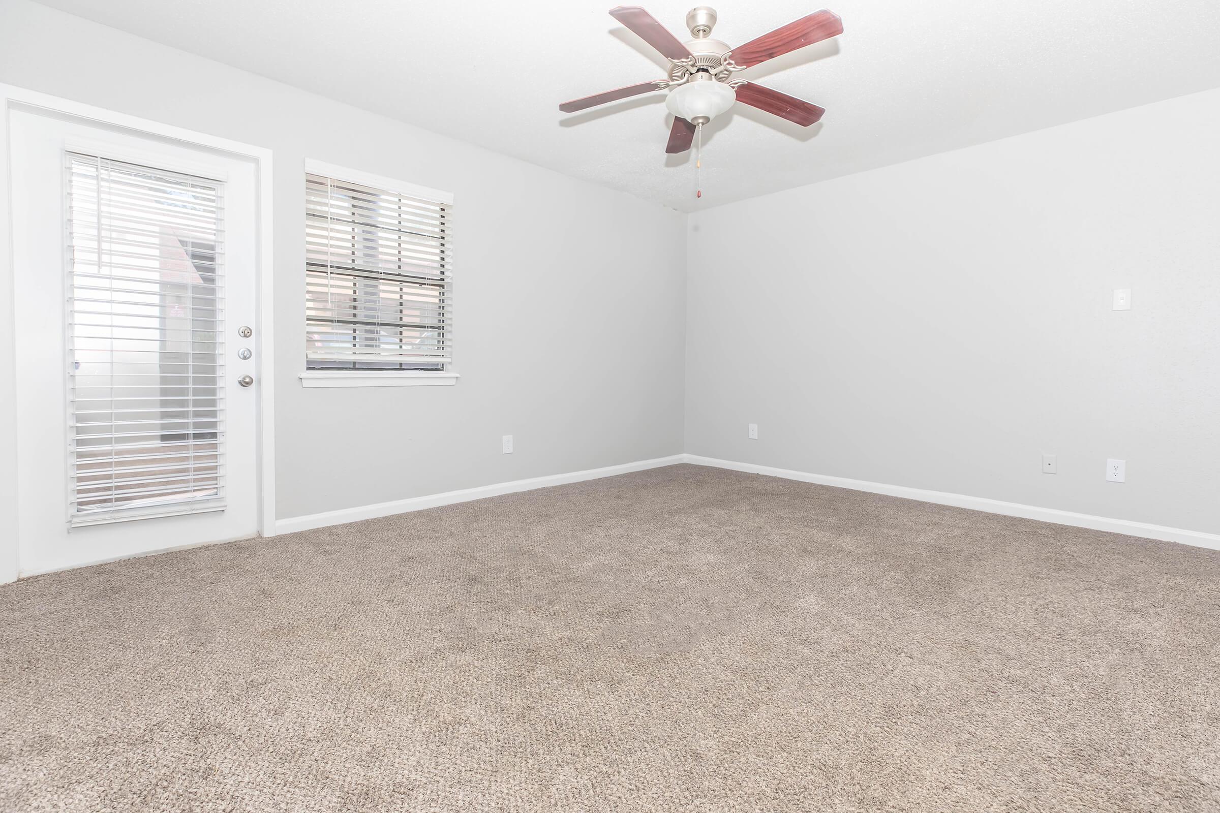 A spacious, empty room with light gray walls and a plush beige carpet. There is a ceiling fan with dark blades, and a sliding glass door leading outside, along with a window featuring white blinds. The room is well-lit and has a clean, minimalist aesthetic.
