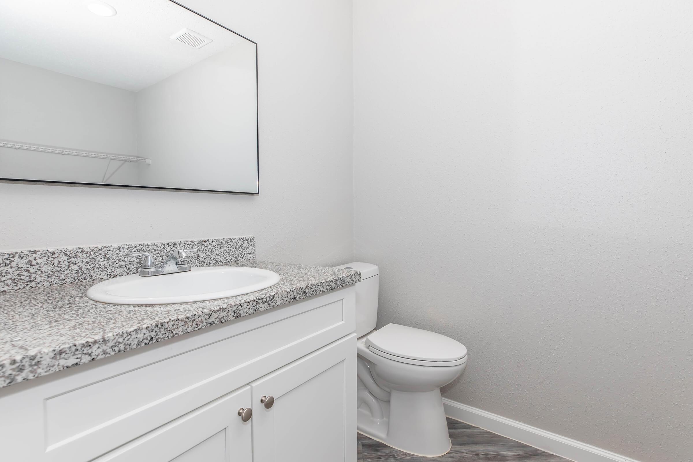 A clean, modern bathroom featuring a white vanity with a granite countertop, a sink, and a large wall mirror. To the side, there is a white toilet on a gray wooden floor, with light-colored walls providing a bright and spacious atmosphere.