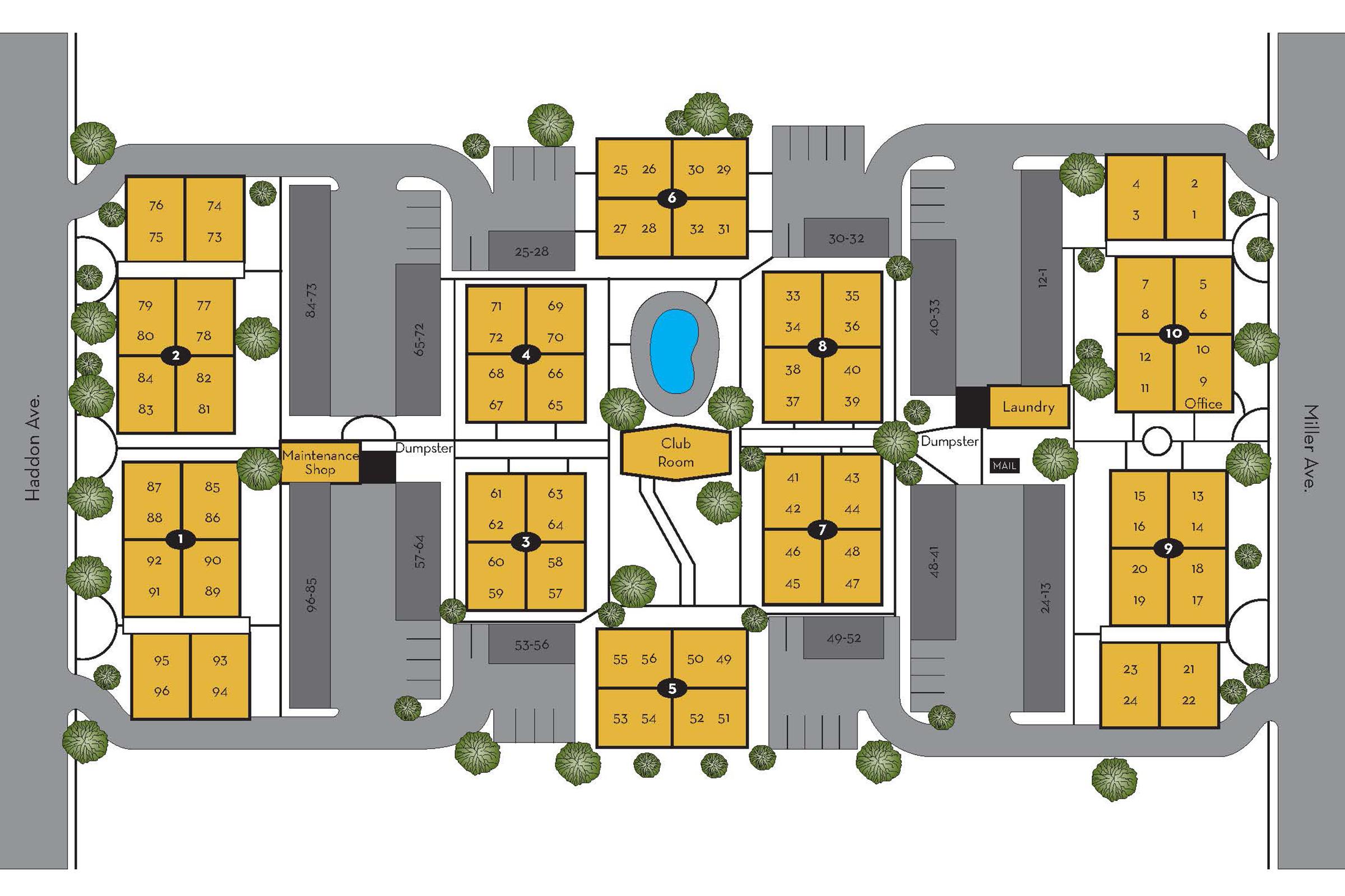 a map of the apartment community showing where the buildings, amenities and roads are located