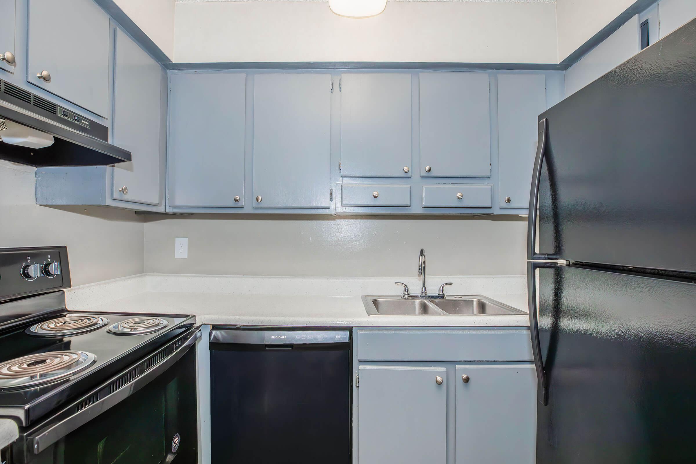 A small, modern kitchen featuring light blue cabinets, a black refrigerator, a black dishwasher, and a stove with four burners. The workspace includes a double sink and a light fixture above. The walls are painted in a neutral color, providing a bright and airy atmosphere.