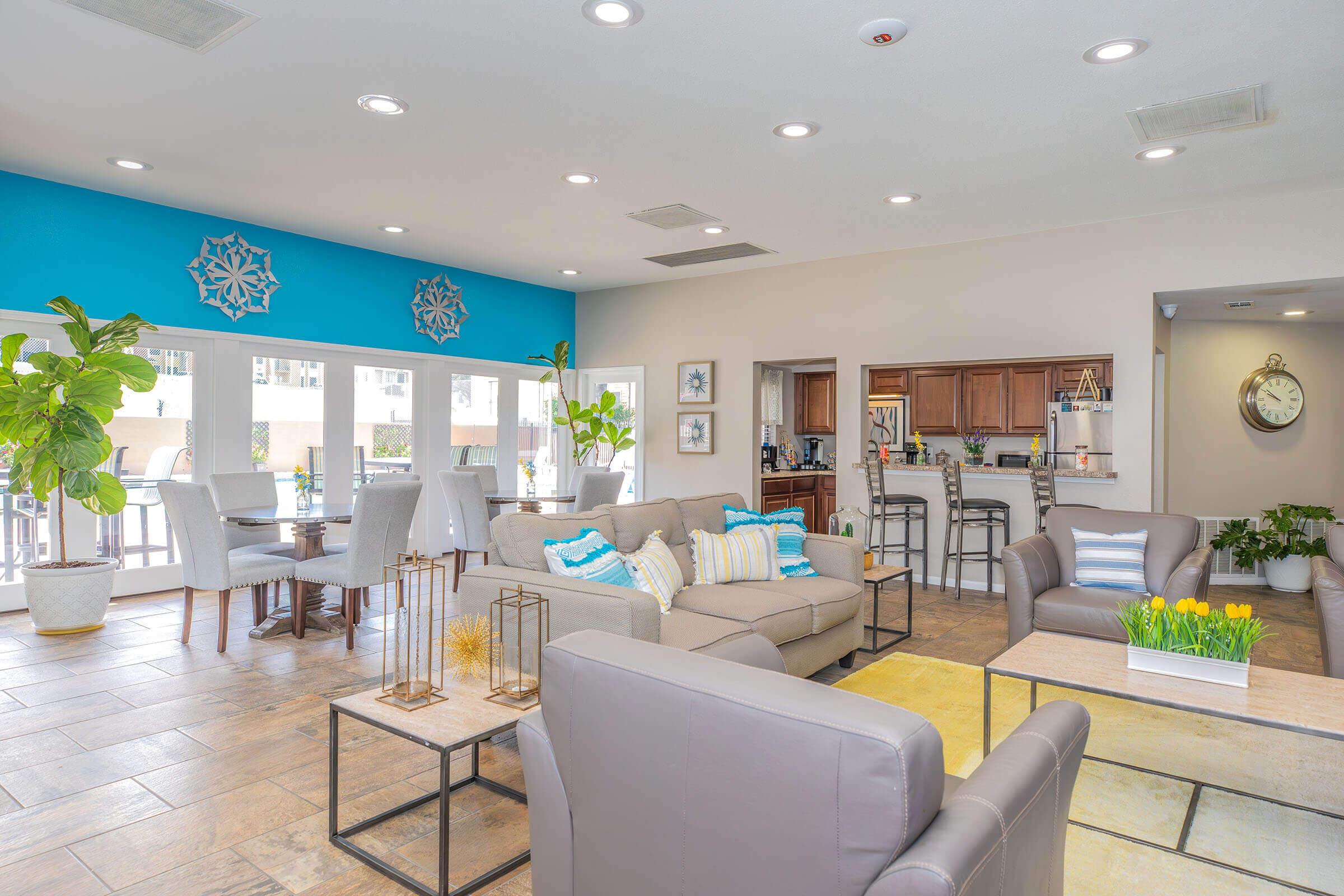 A modern living space with light-colored walls and a blue accent wall. The room features comfortable seating with decorative pillows, a dining area with small tables, and large windows letting in natural light. Potted plants add a touch of greenery, and there are decorative items on tables, creating a welcoming atmosphere.