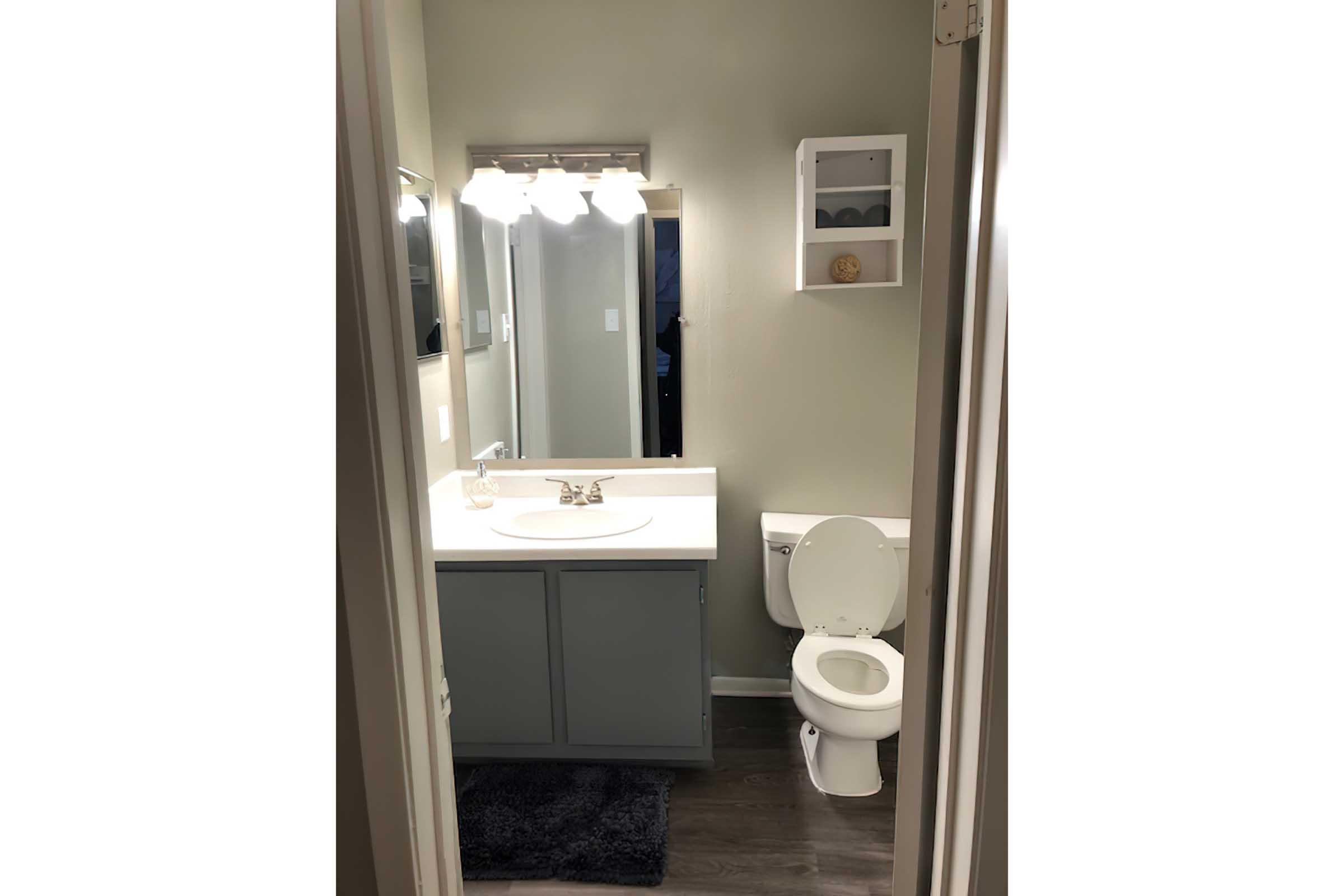 a restroom with a large mirror