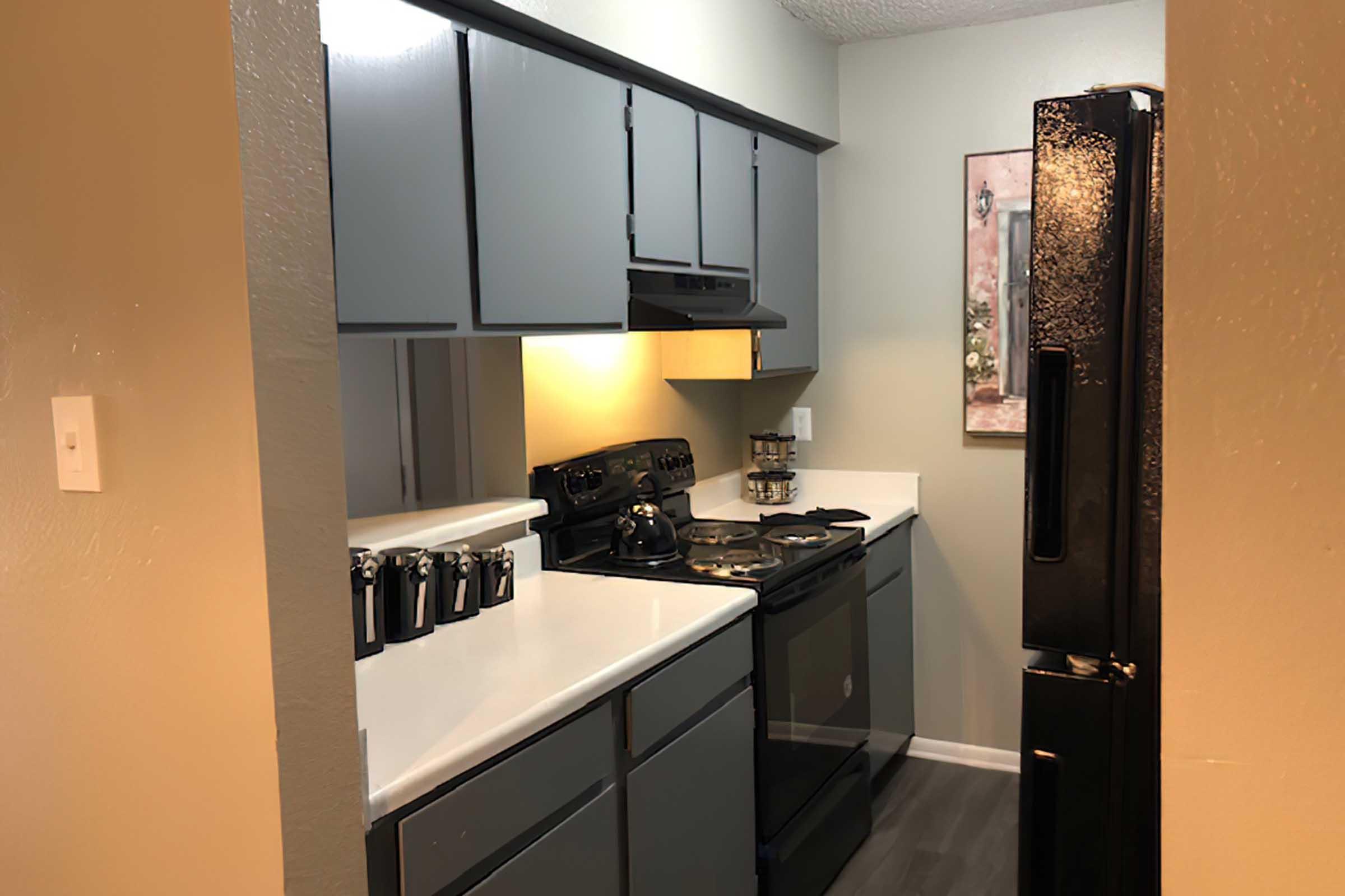 a kitchen with a stove sink and refrigerator