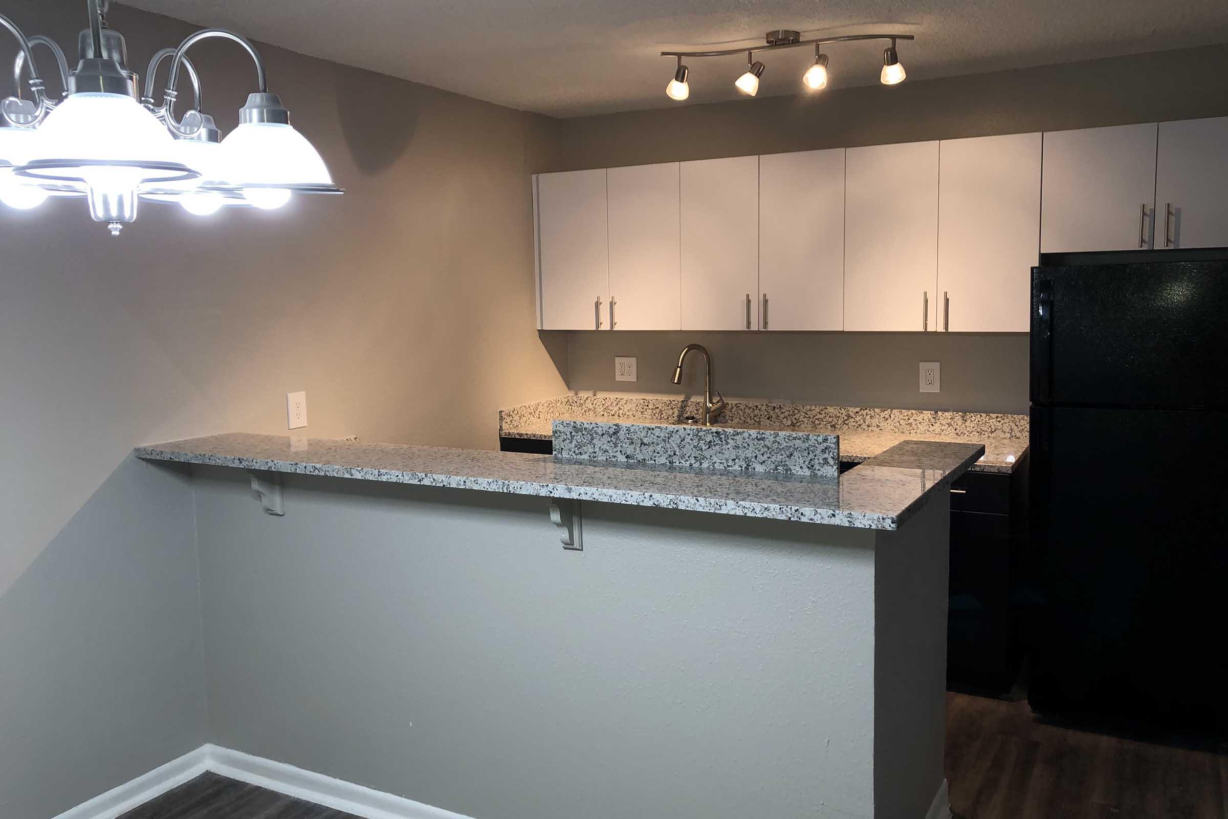 a kitchen with a sink and a refrigerator