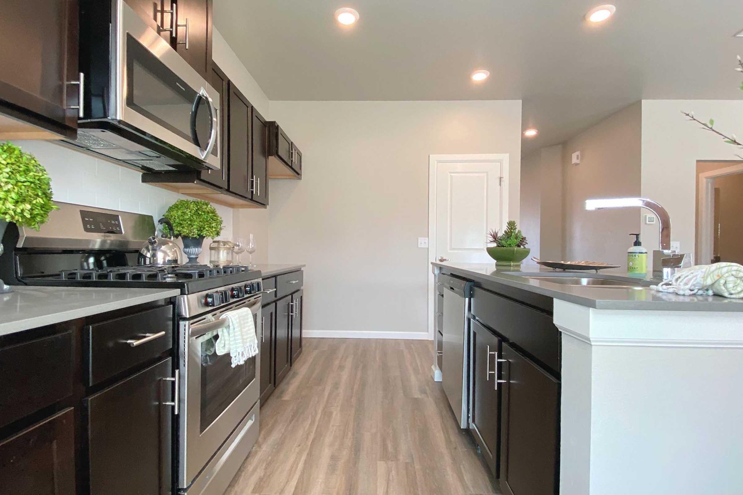 Modern kitchen with dark wooden cabinets, stainless steel appliances, and a sleek countertop. Features a gas stove, microwave, and overhead lighting. Small potted plants add a touch of greenery, and the flooring is light-colored laminate. There’s a doorway visible in the background.
