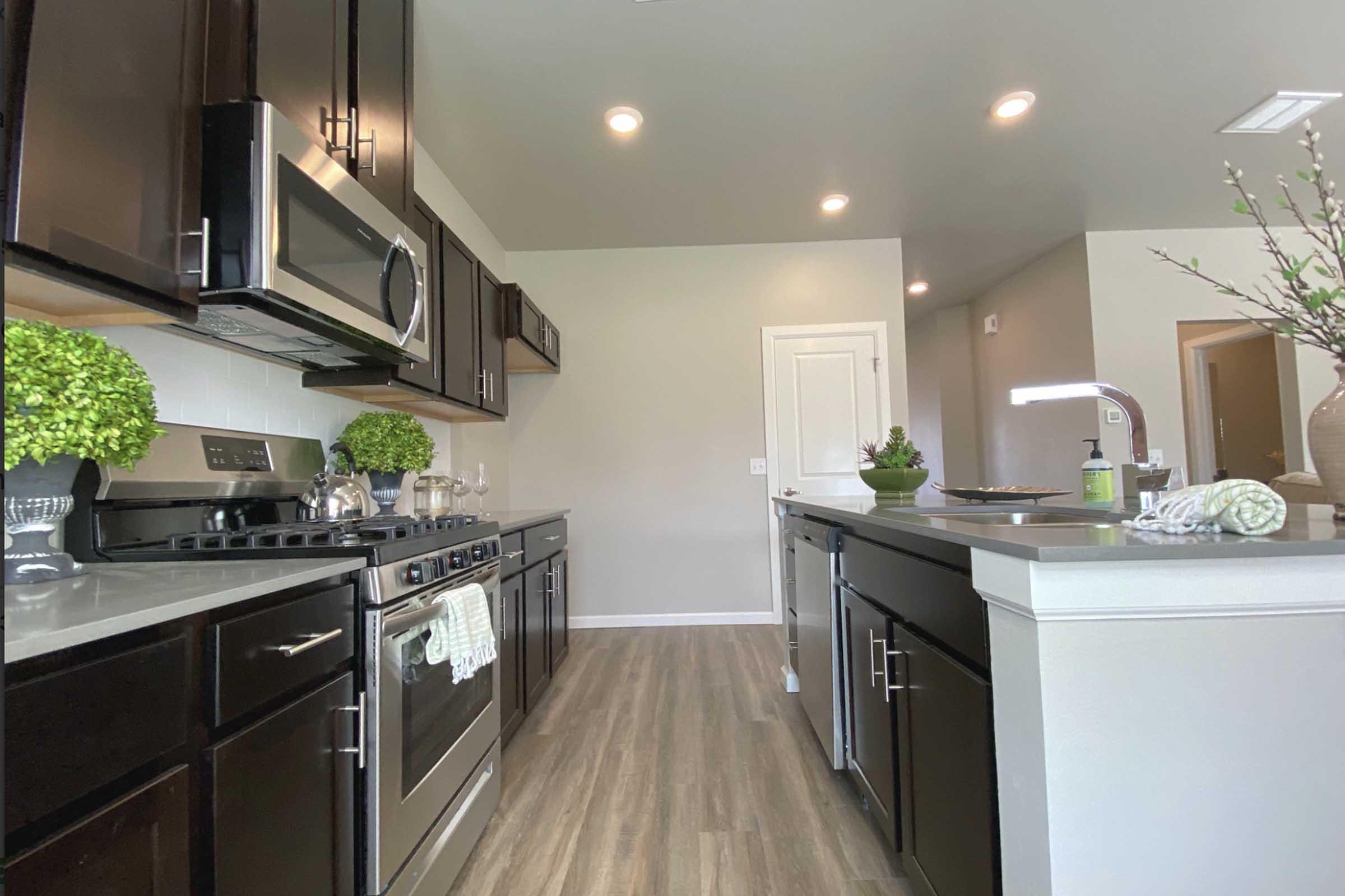 Modern kitchen featuring dark wood cabinets, stainless steel appliances, and a light countertop. The space is well-lit with recessed lighting and includes decorative greenery on the counters. The layout is spacious, with an open view towards the living area, showcasing a clean and stylish design.