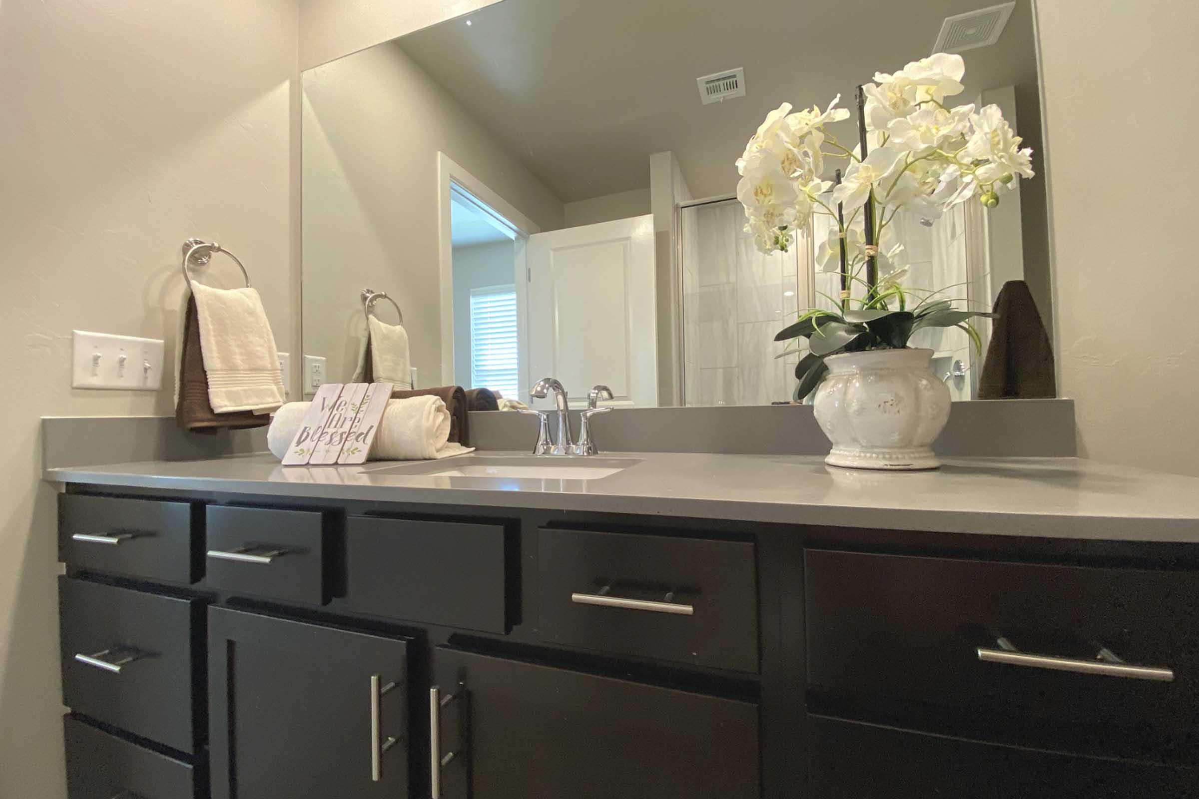 A modern bathroom vanity featuring a gray countertop with a white sink and faucet. Fresh orchids in a decorative pot sit on the counter. Towel racks and towels are mounted on the wall. A mirror reflects the space, and a light-filled entryway is visible in the background.