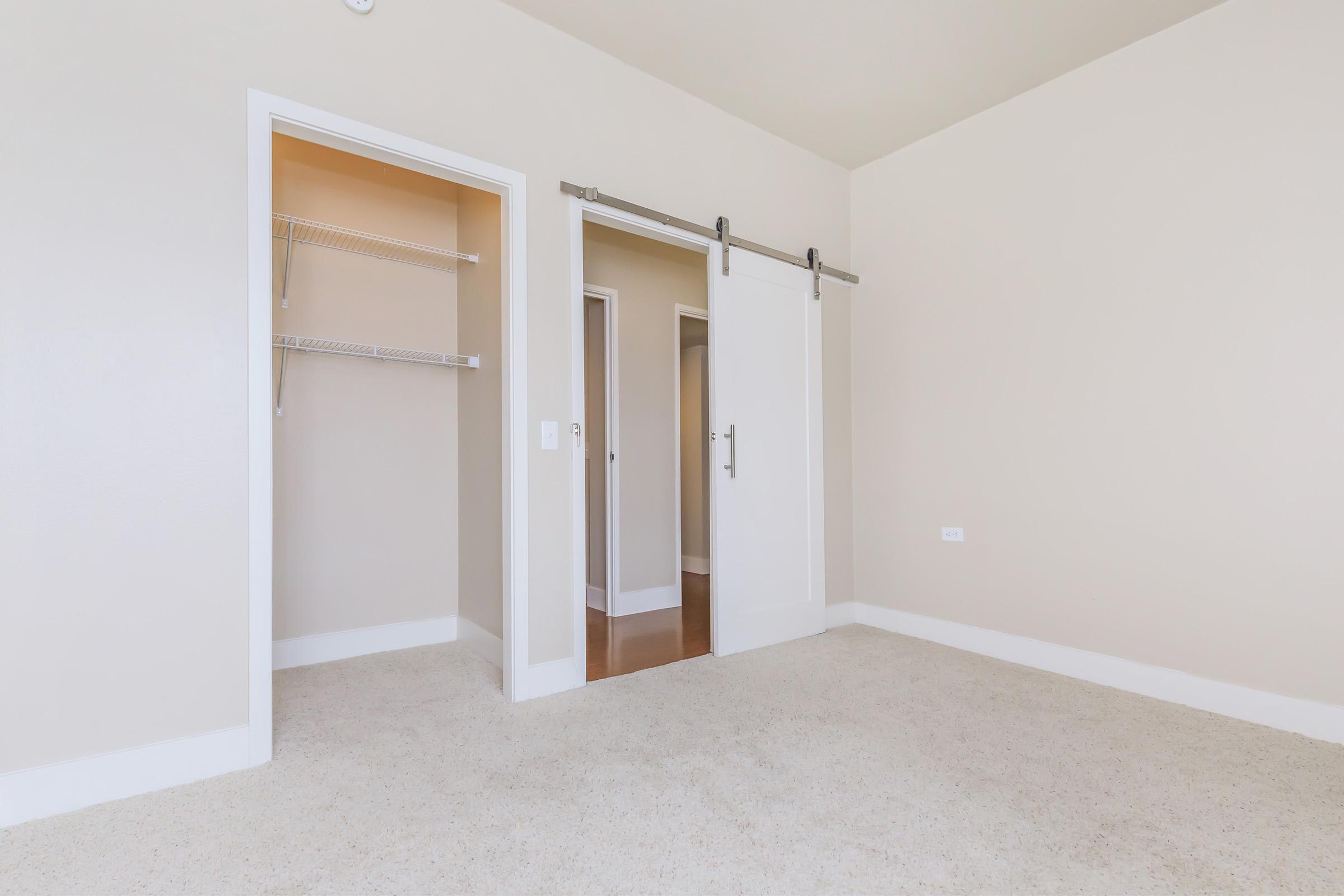 A spacious, light-colored room with beige walls and a plush carpet. There is a sliding door with a modern handle leading to another room, and a closet with wire shelving on the left. The room is empty, showcasing a clean and minimalistic design.