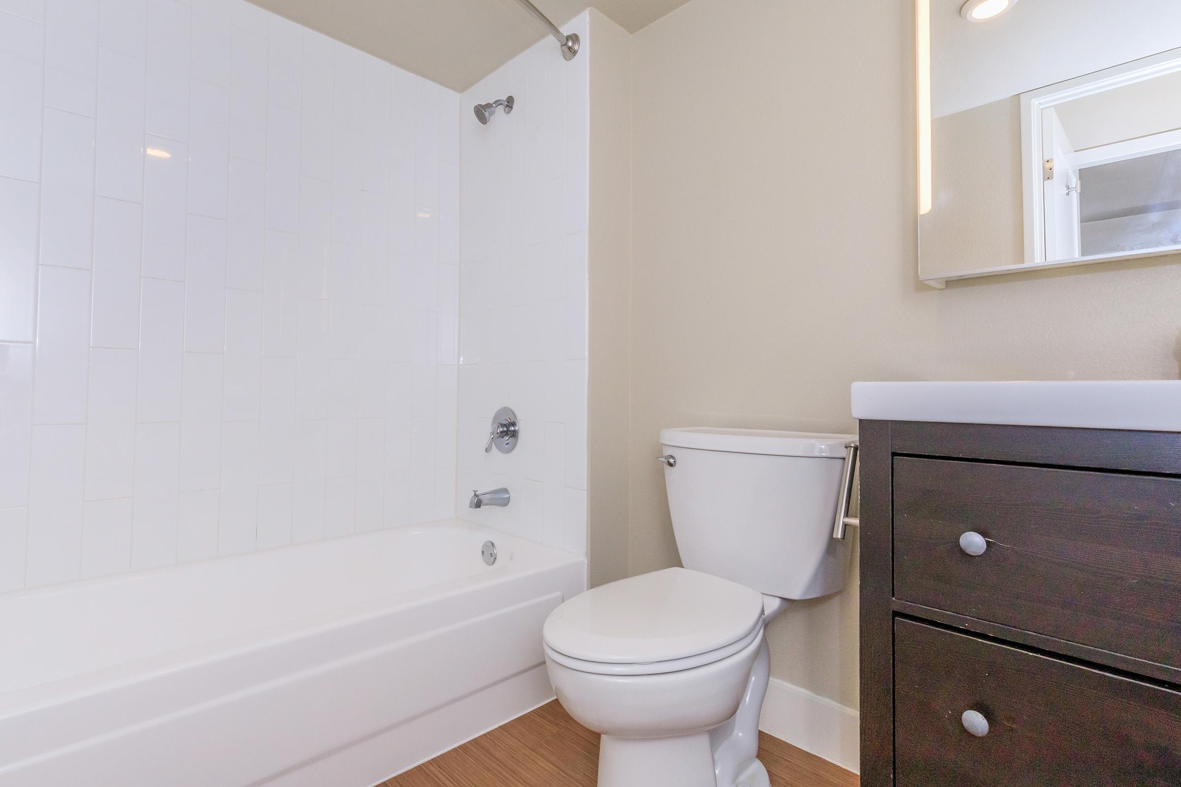 Modern bathroom featuring a white bathtub with a shower, a white toilet, and a sleek dark wooden vanity. The walls are painted light, and the flooring is a warm wood tone. A mirror is mounted above the vanity, and natural light enters from an adjacent room. Clean and contemporary design.