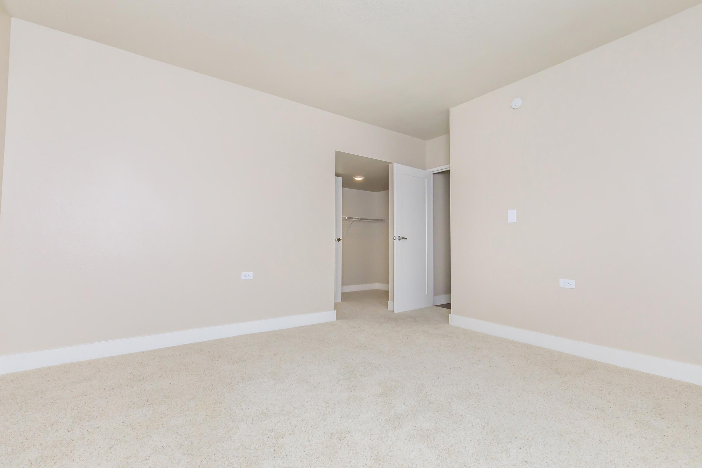 A spacious, empty room with light beige walls and carpeted flooring. There is an open closet space on one side and a closed door leading to another area. Soft natural light brightens the room, giving it a clean and airy feel.