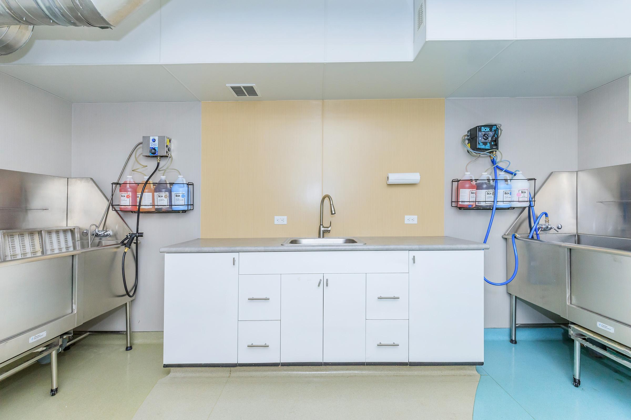 A clean, modern kitchen space featuring a central sink with cabinetry below. On either side, there are stainless steel sinks equipped with dispensers for washing materials. The walls are light-colored, and the overall design appears functional and spacious, suitable for food preparation or cleaning tasks.
