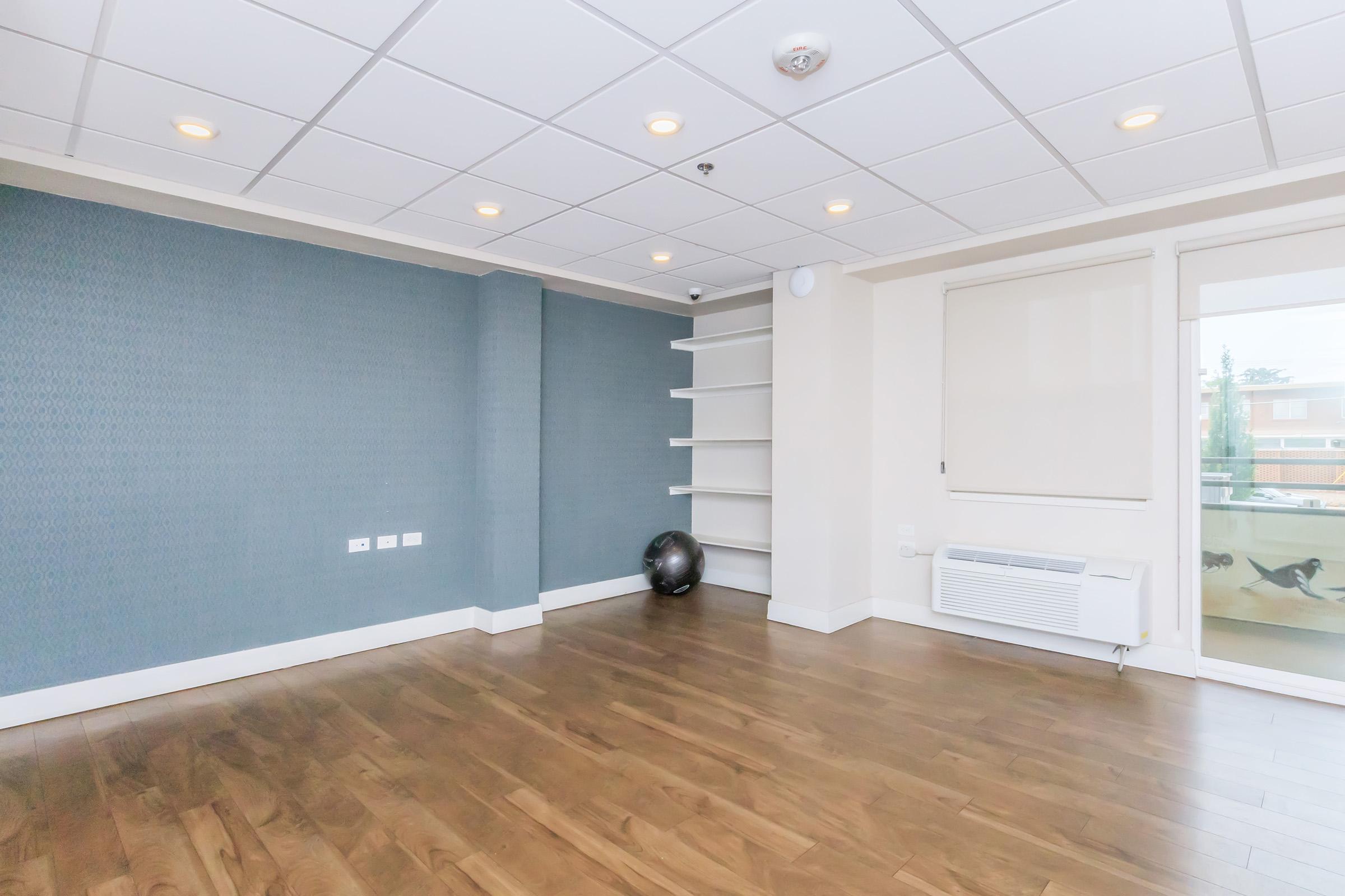 A spacious, empty room with wooden flooring, light blue walls, and a white ceiling. It features a built-in shelf against one wall, a black exercise ball, and a window with a partially closed blind. The room is well-lit with ceiling lights and has an air conditioning unit on the wall.