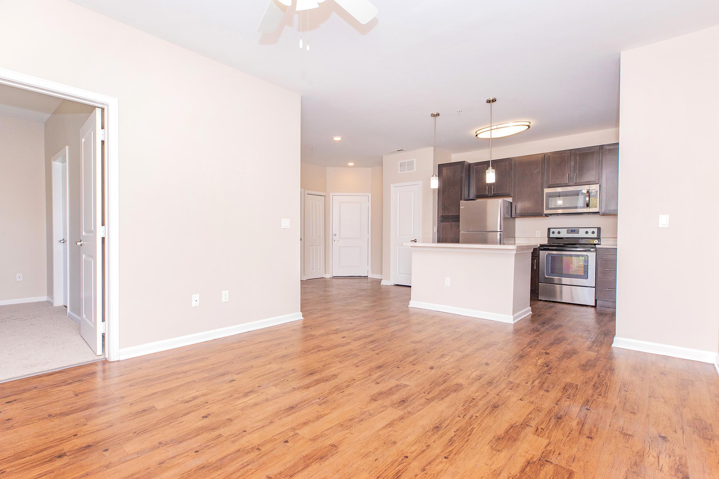 Spacious, modern apartment interior featuring an open layout, light-colored walls, and wooden flooring. The kitchen is equipped with stainless steel appliances and a breakfast bar, while the living area offers ample natural light. A doorway leads to another room, enhancing the living space.
