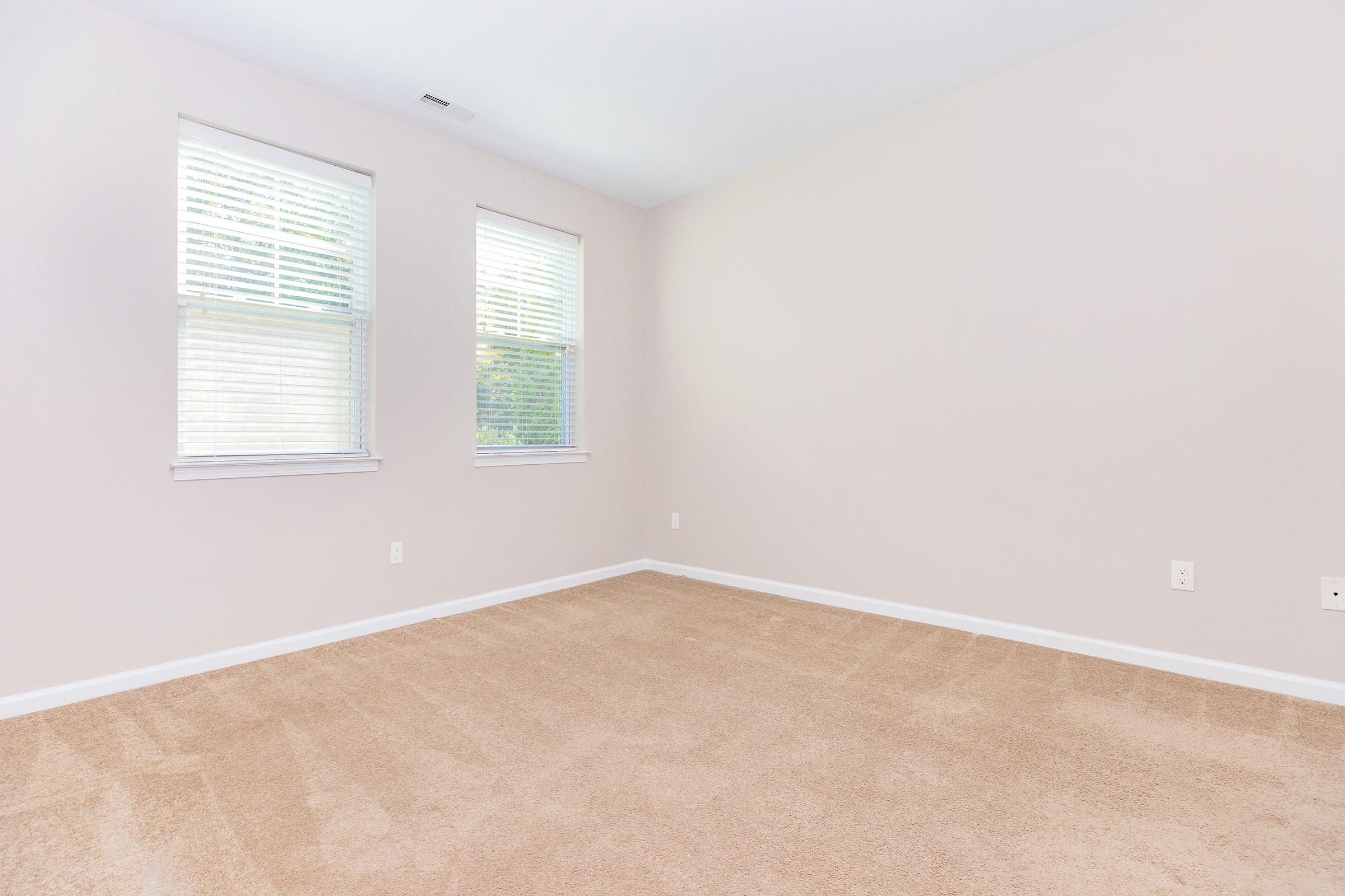 Empty room with light beige carpet and pale walls. Two windows with white blinds allow natural light to enter, creating a bright and airy atmosphere. The space is uncluttered, providing a minimalist environment suitable for various uses or decoration.